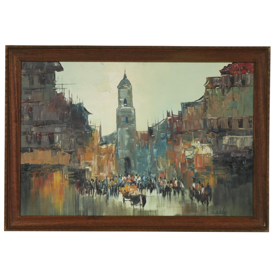 Enrico Zablan Oil Painting of Philippines Street Scene, Mid to Late 20th Century