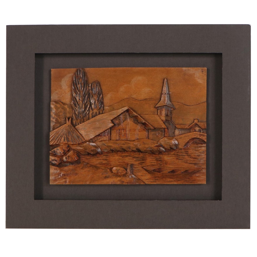 F. Raugel Carved Wood Relief Landscape, Mid to Late 20th Century
