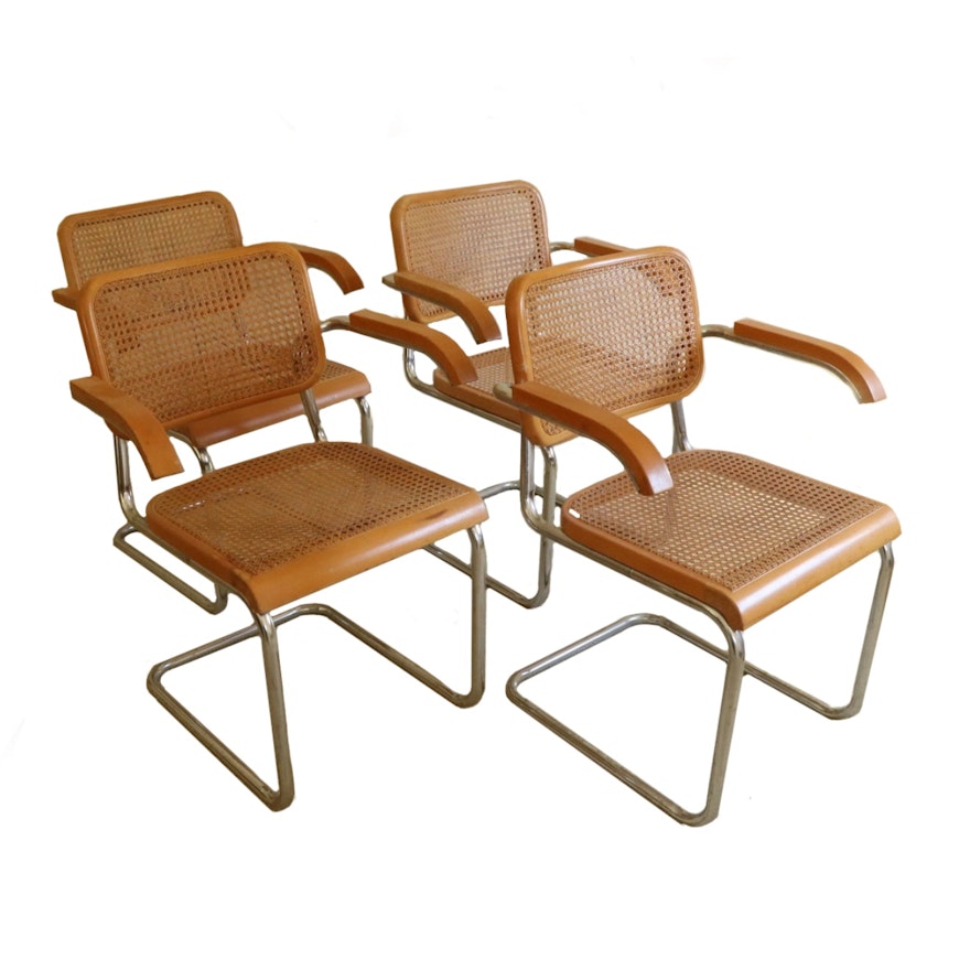 Cesca Style Cane and Wood Armchairs with Chrome Frames, Late 20th Century