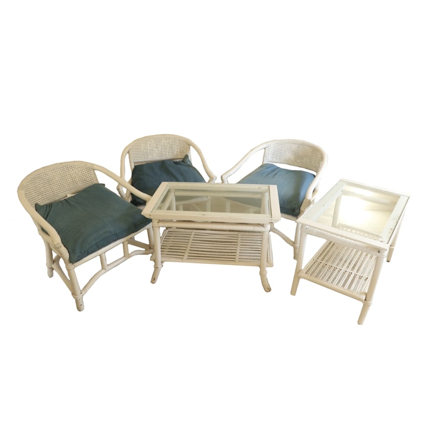 White Bamboo, Wood and Wicker Armchairs and Side Tables, Late 20th Century