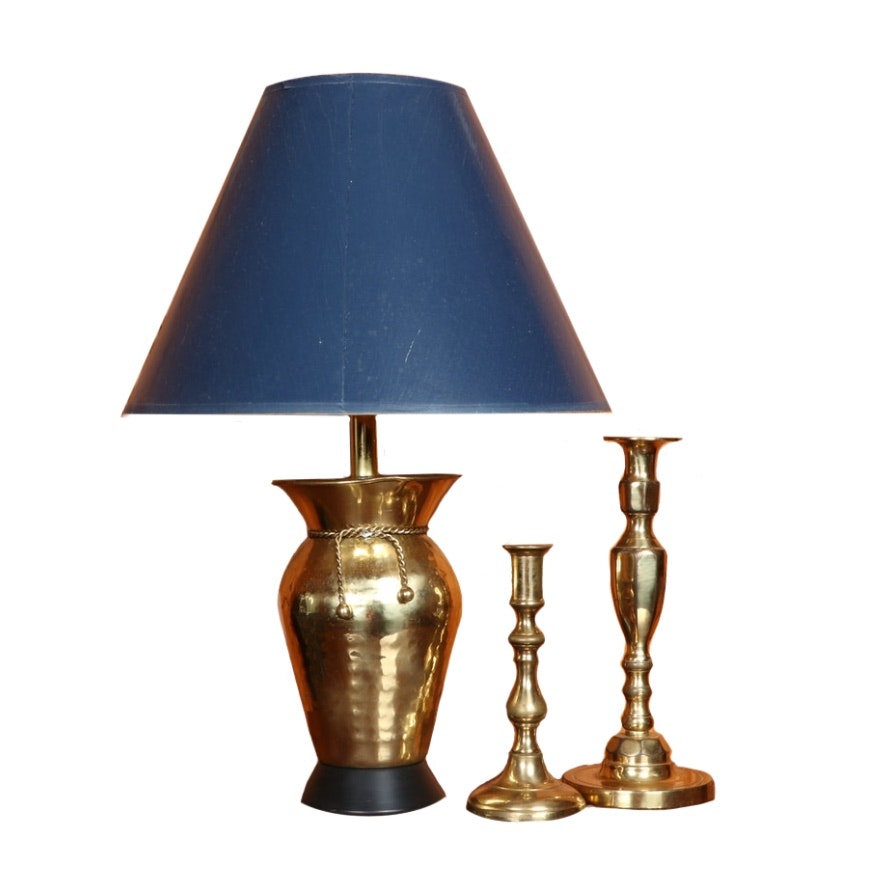 Brass Table Lamp and Candlesticks, Late 20th Century