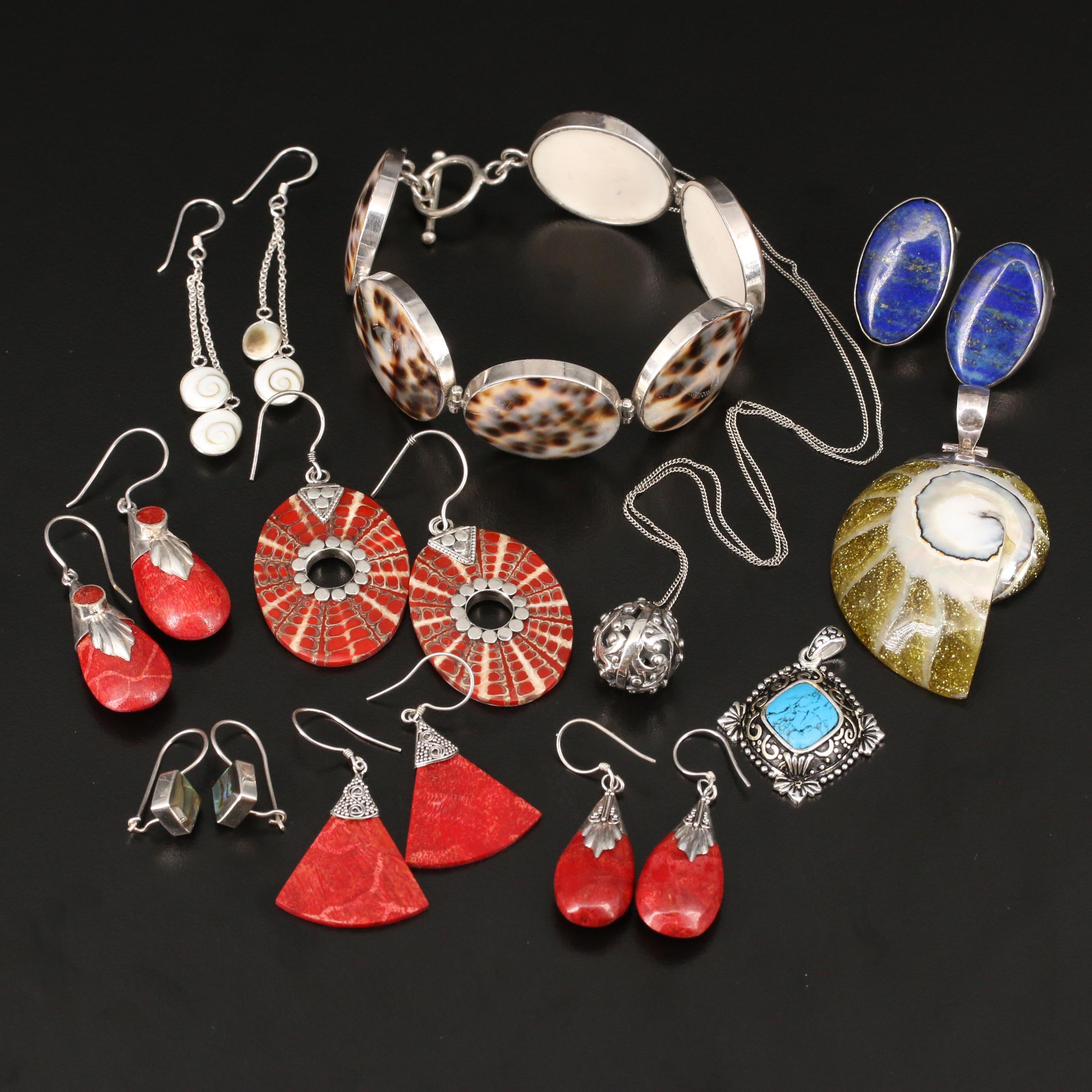 Sterling Silver Jewelry with Coral, Cowrie Shell and Faux Turquoise