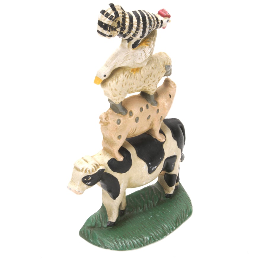 Cast Iron Stacked Barnyard Chicken, Goose, Sheep, Pig, and Cow Doorstop