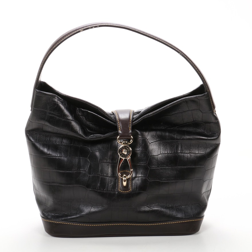 Dooney & Bourke Bucket Bag in Crocodile Embossed Black Leather