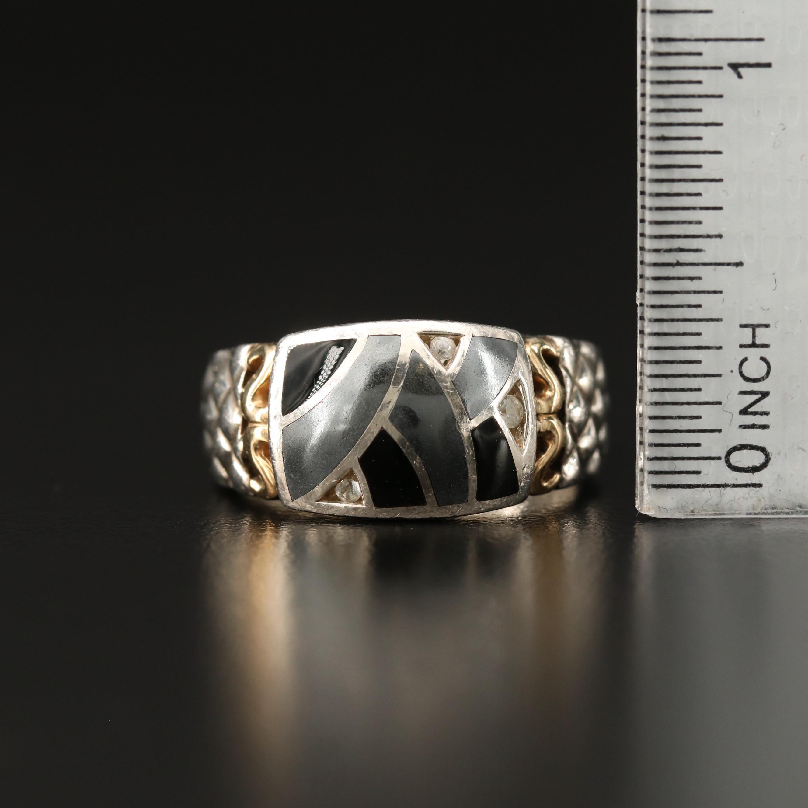 Bagley & Hotchkiss Sterling Hematite, Onyx and Sapphire Ring with 18K Accents