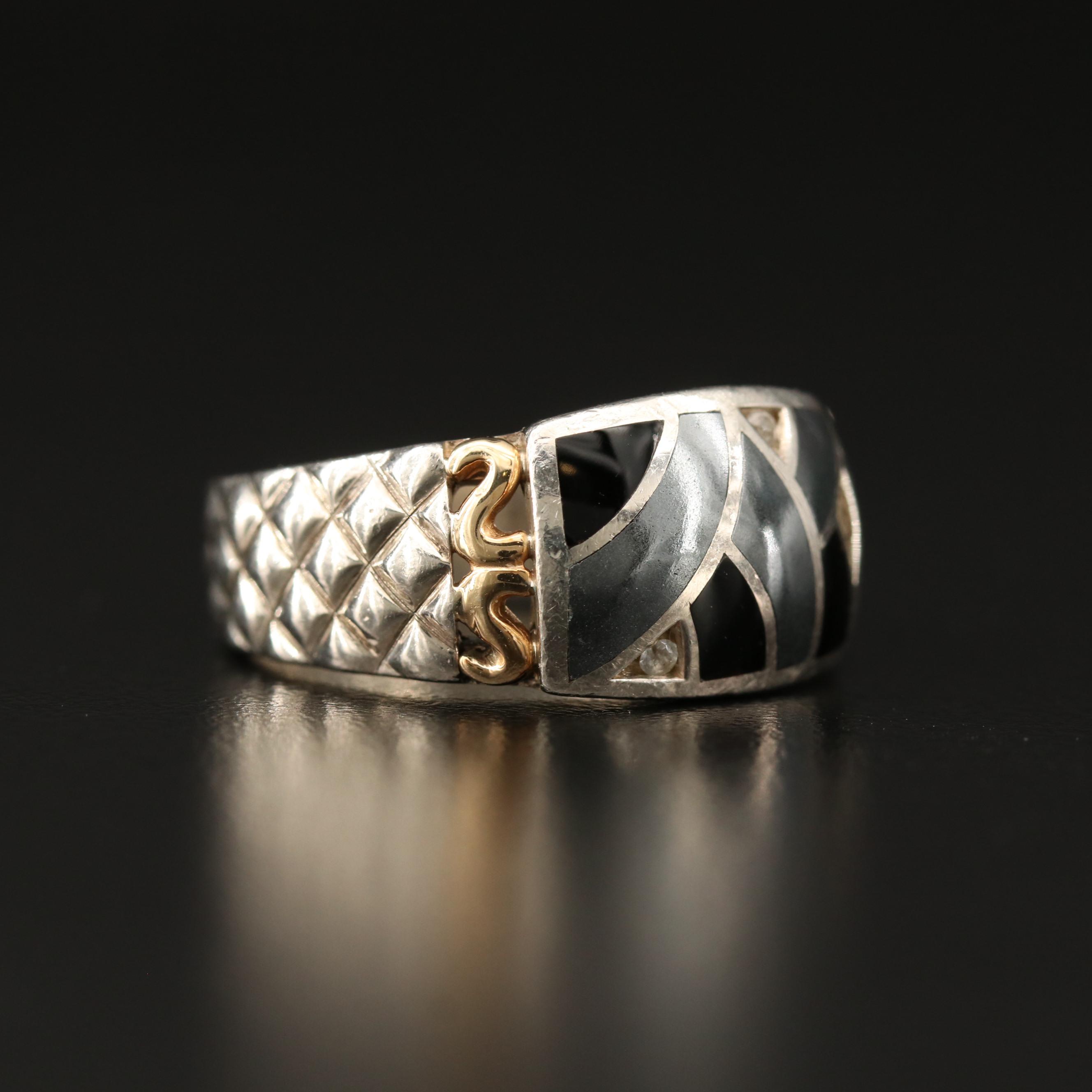 Bagley & Hotchkiss Sterling Hematite, Onyx and Sapphire Ring with 18K Accents