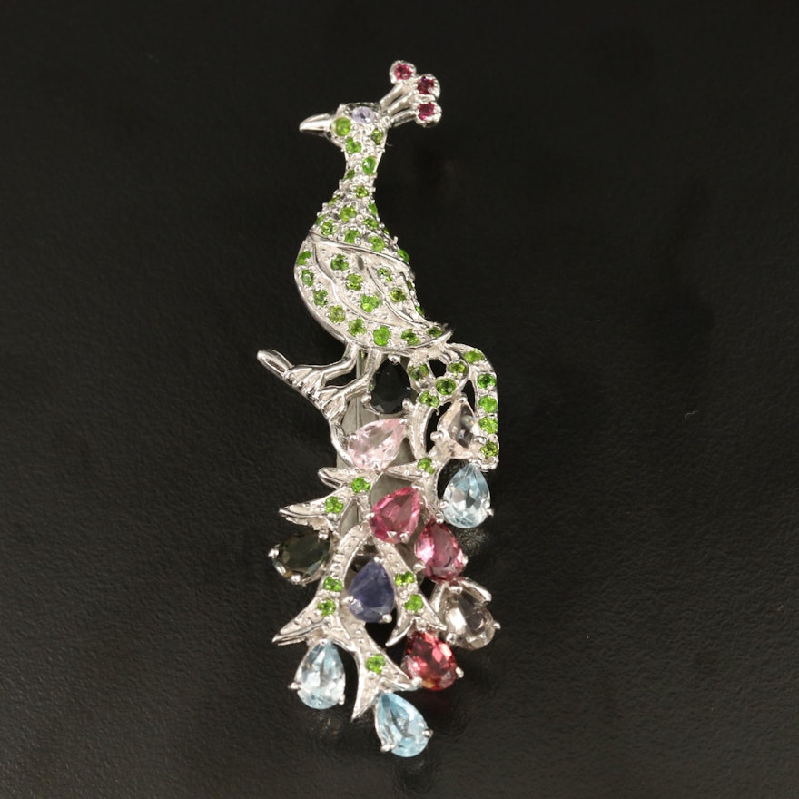 Sterling Tourmaline, Topaz and Diopside Peacock Brooch