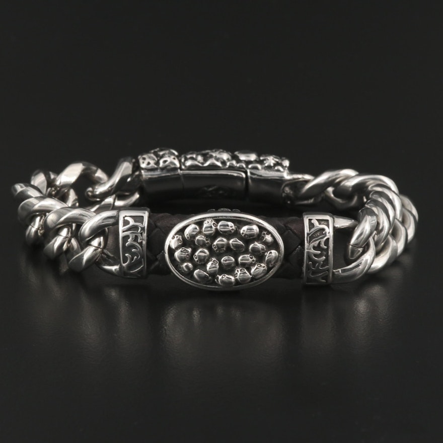 Skull Motif Braided Leather and Metal Bracelet with Magnetic Clasp