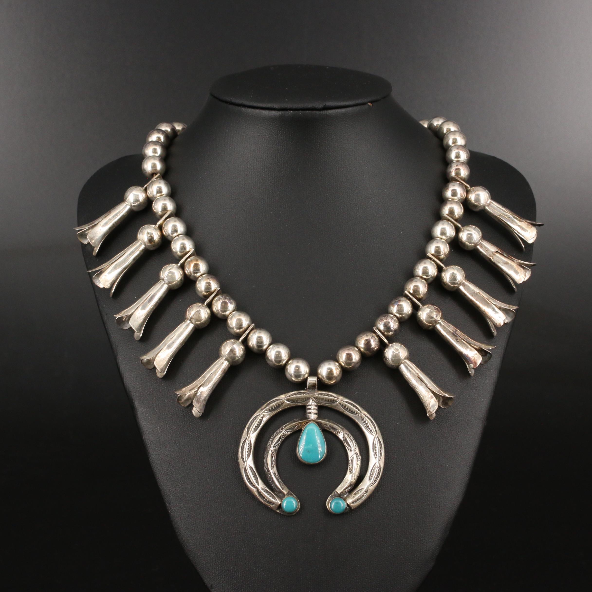 Bell Trading Post Sterling Turquoise Squash Blossom Necklace