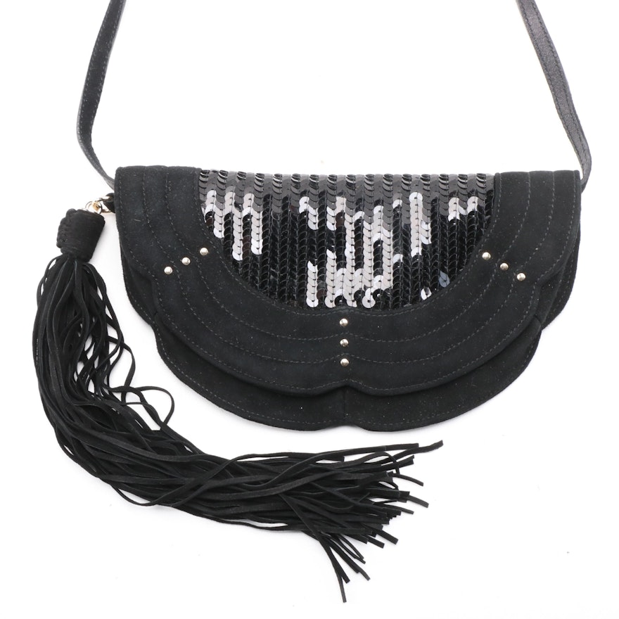 Yves Saint Laurent Black Microfiber and Sequined Shoulder Bag with Fringe Tassel