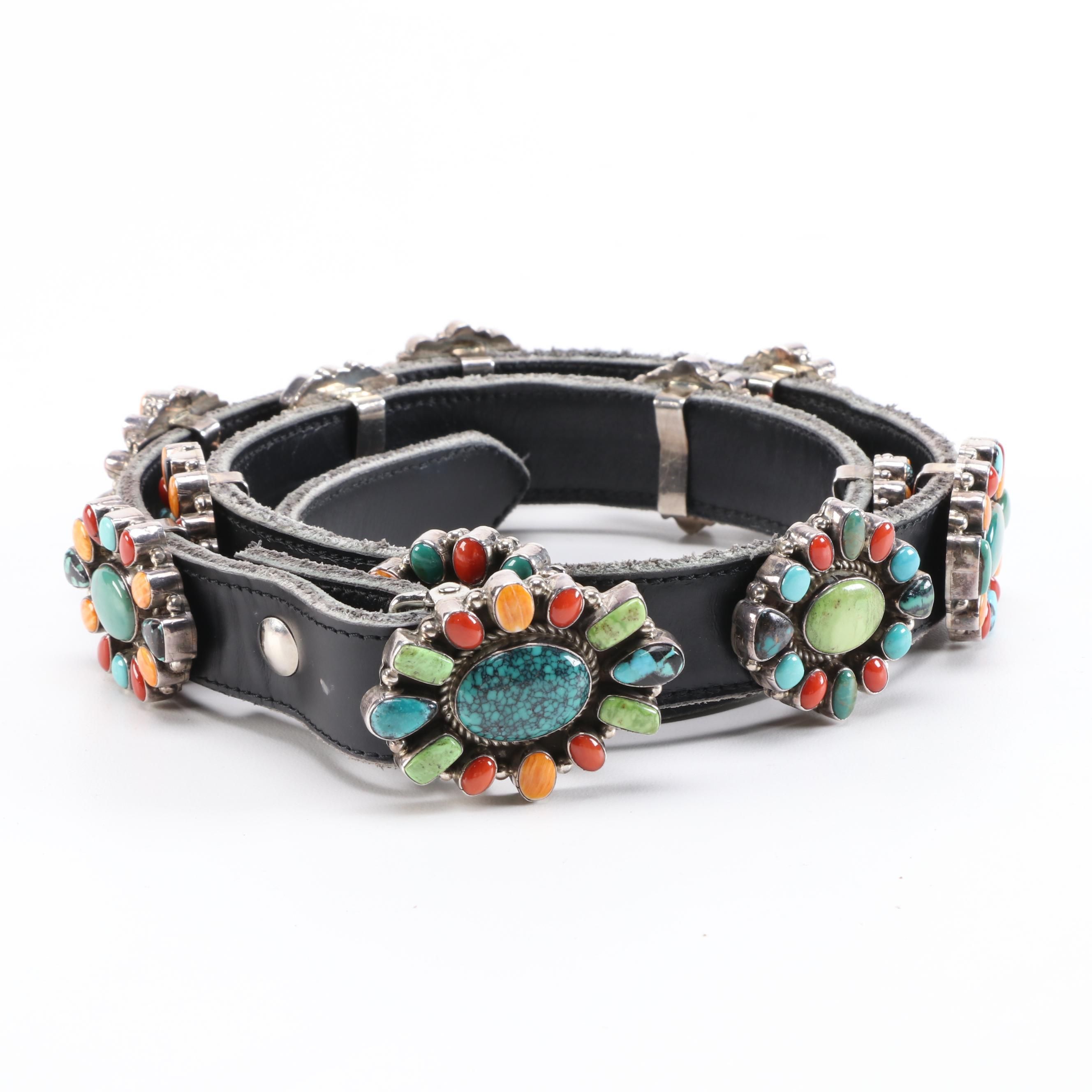 D. Johnson Sterling Turquoise, Coral and Spiny Oyster Cabochon Concho Belt