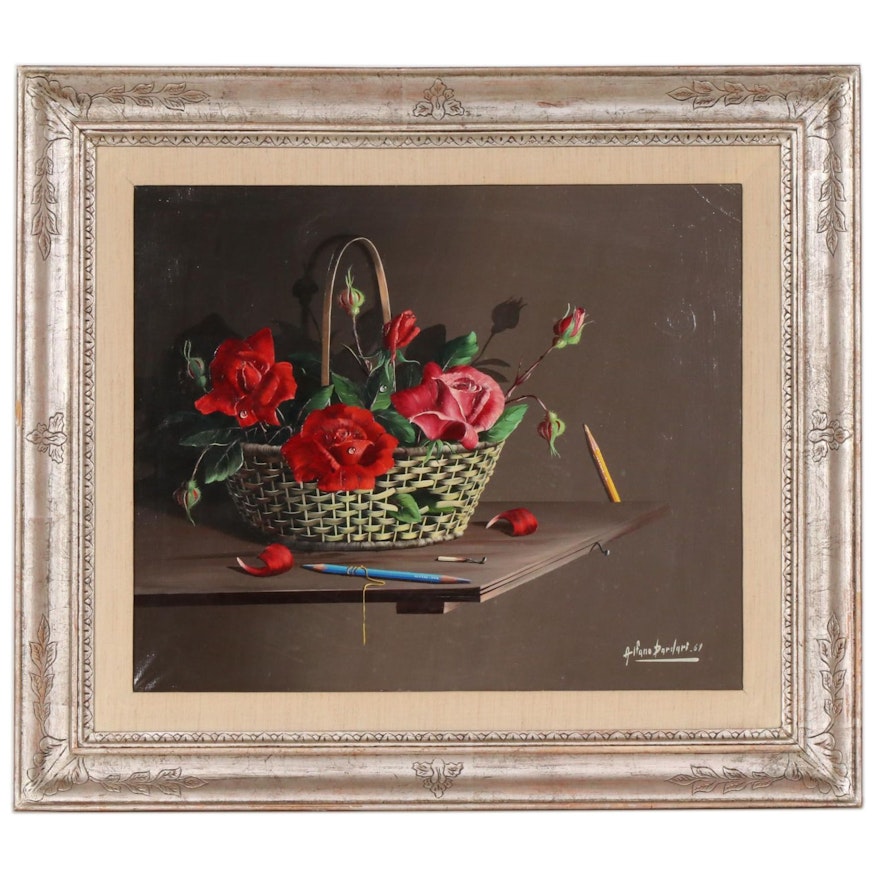 Alfano Dardari Oil Painting of Roses in Basket Still Life, 1969