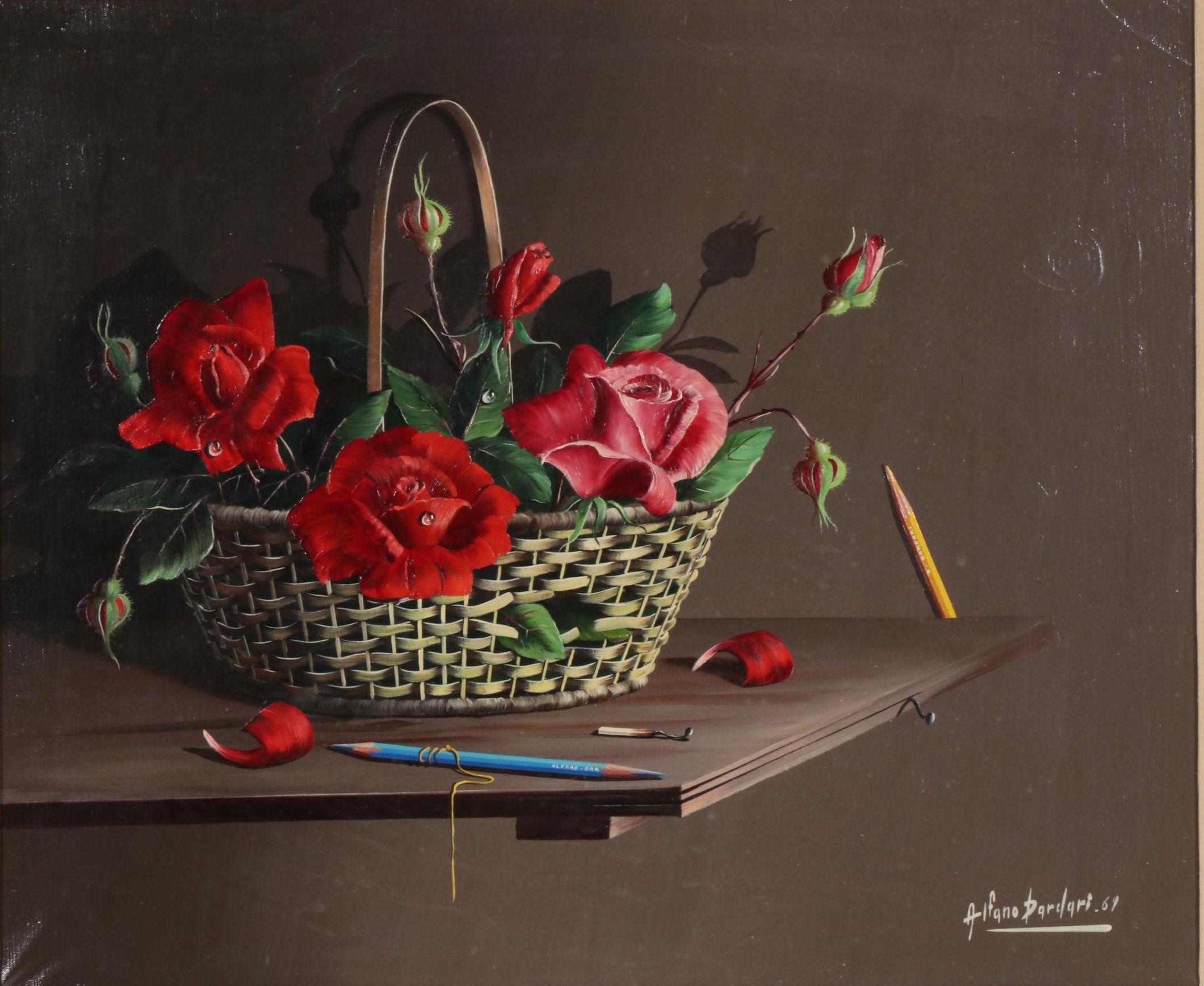 Alfano Dardari Oil Painting of Roses in Basket Still Life, 1969