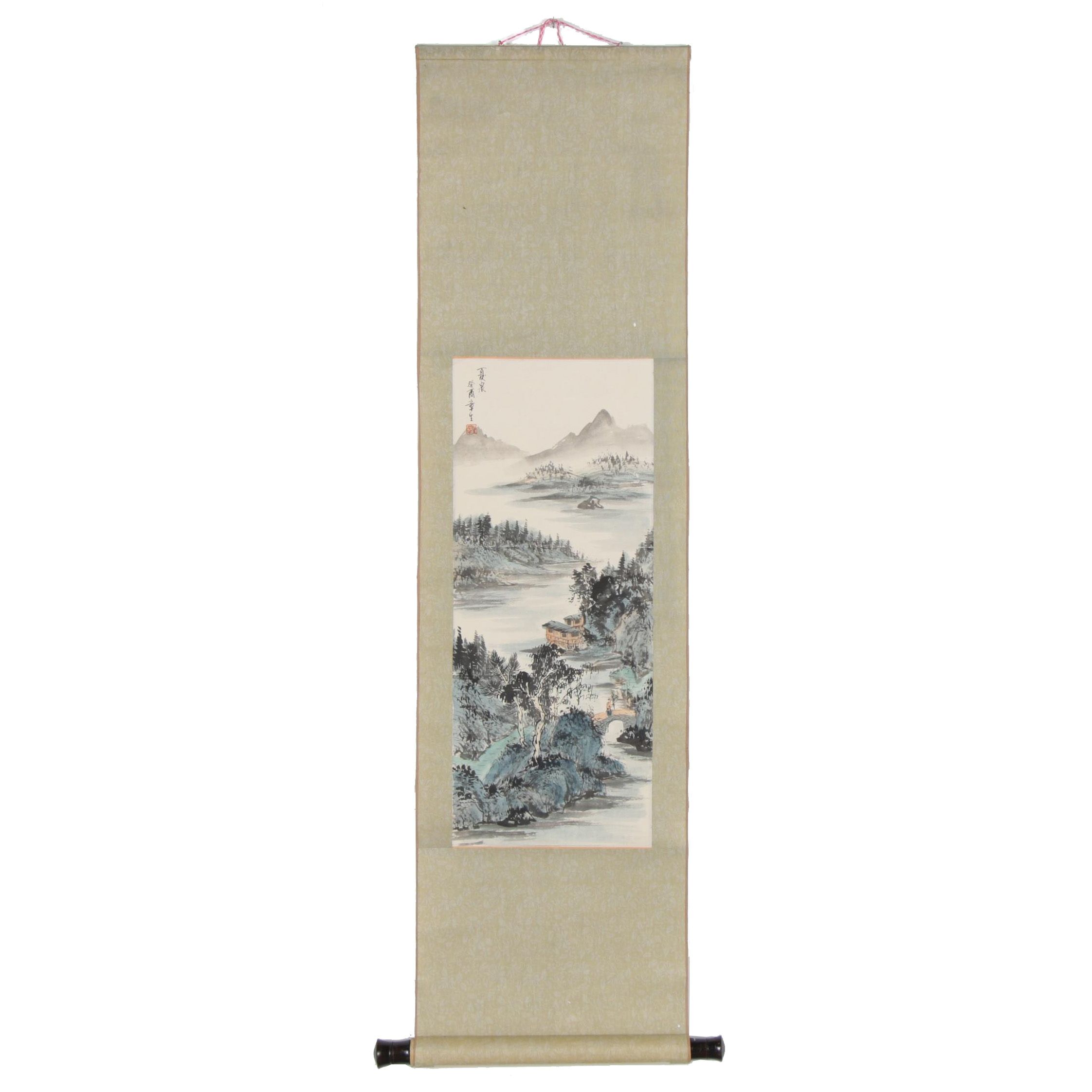 Chinese Ink and Watercolor Scroll Painting of Landscape