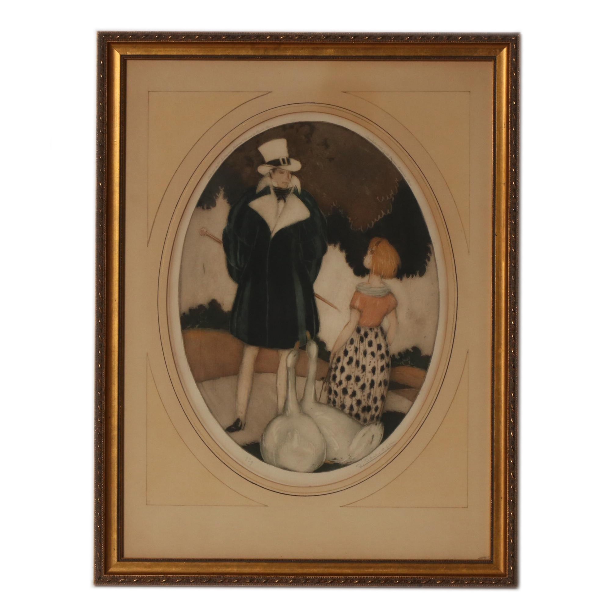 Sylvain Sauvage Aquatint Etching "Personages with Geese", 1924