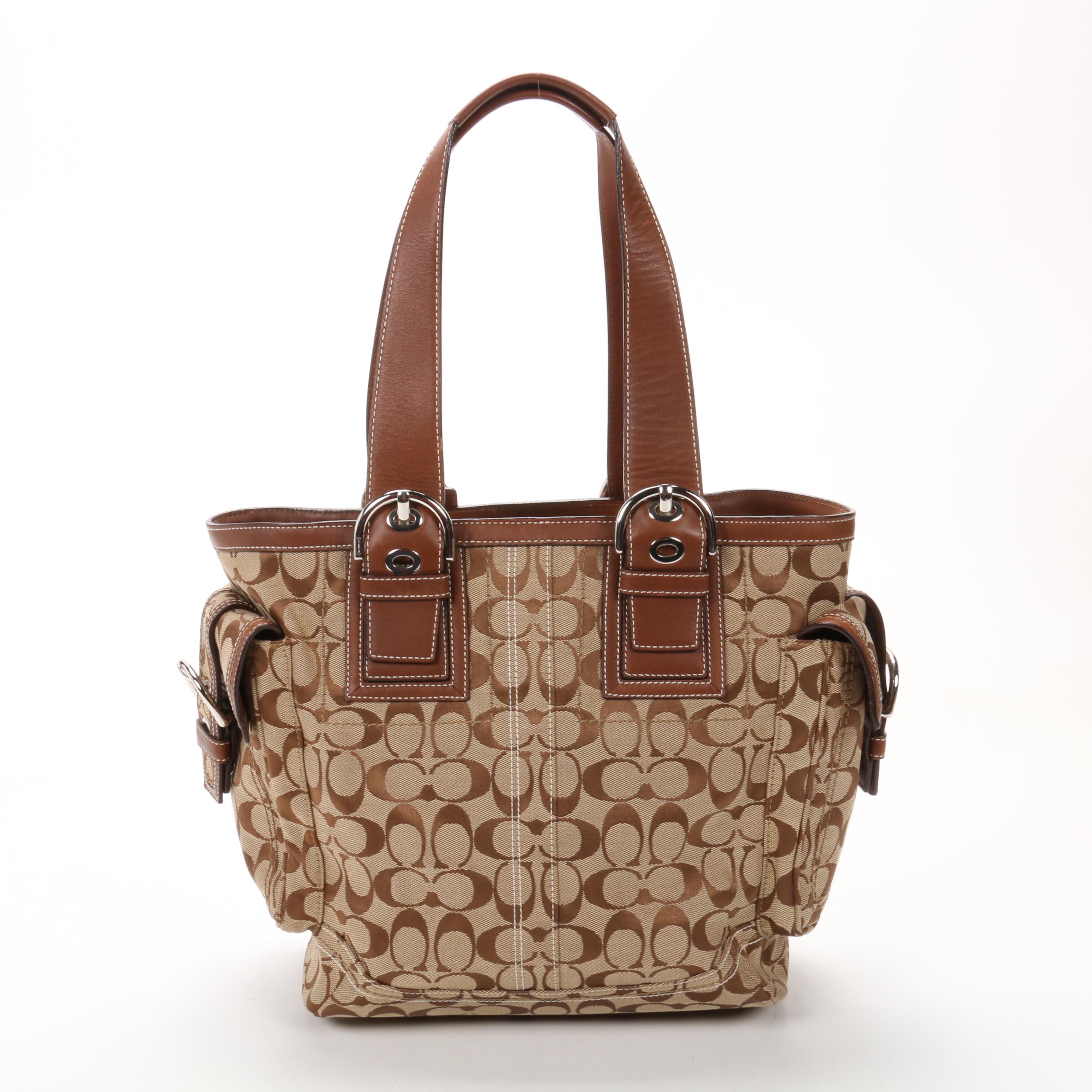 Coach Signature Canvas and Leather Tote Bag with Contrast Stitching