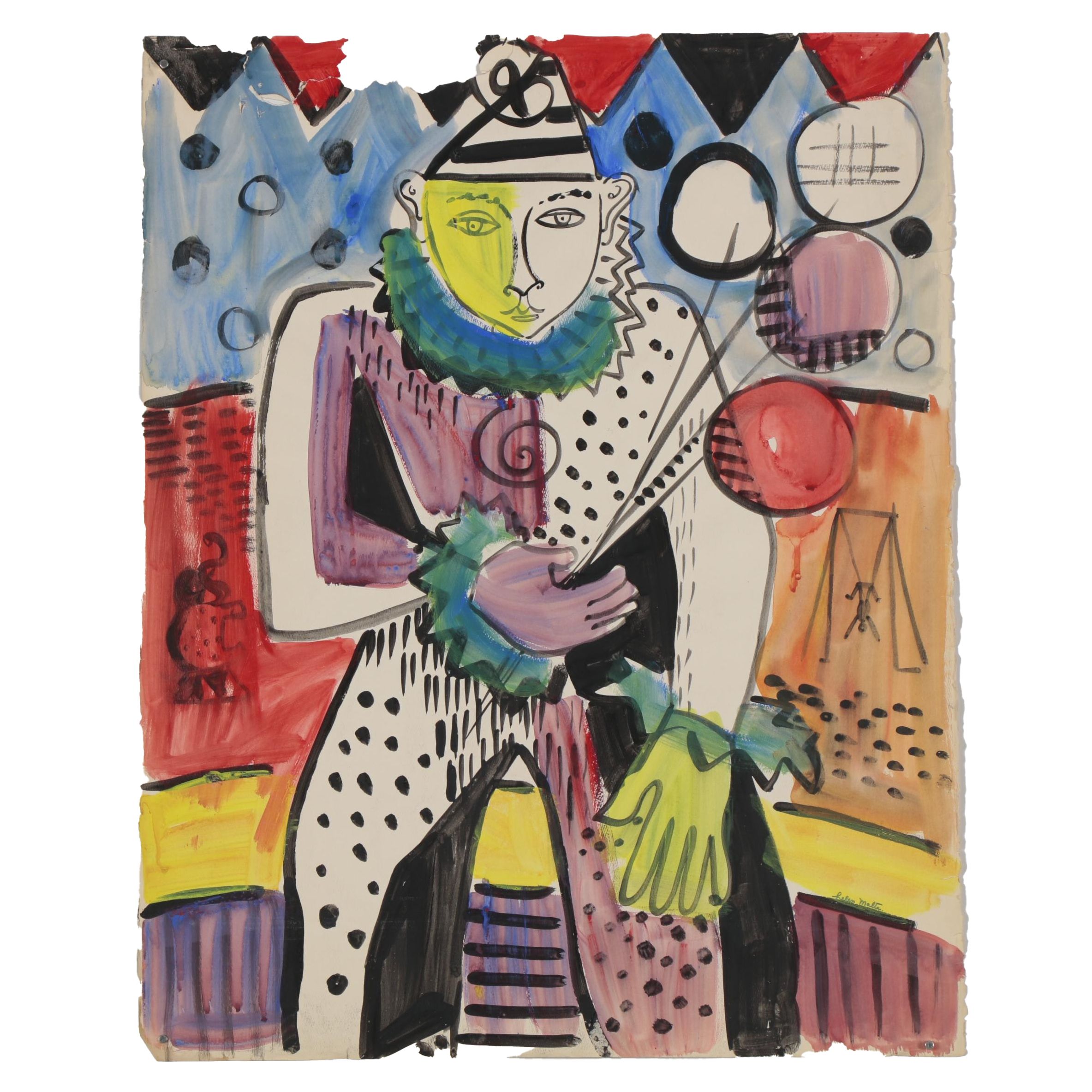 Helen Malta Modernist Acrylic Painting of Circus Performer, Mid 20th Century