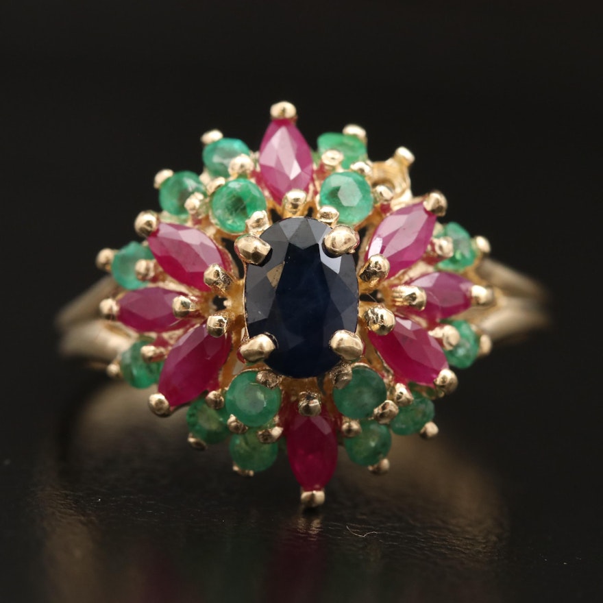 14K Sapphire, Emerald and Ruby Cluster Ring