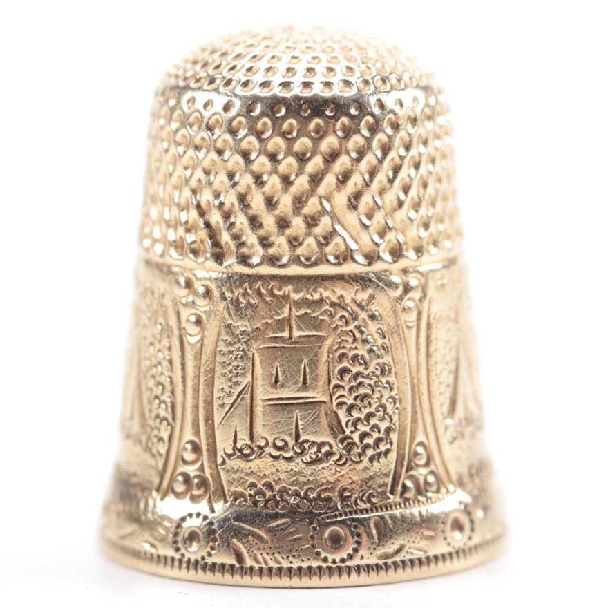 14K Gold Thimble with Etched Scene, 19th to Early 20th Century