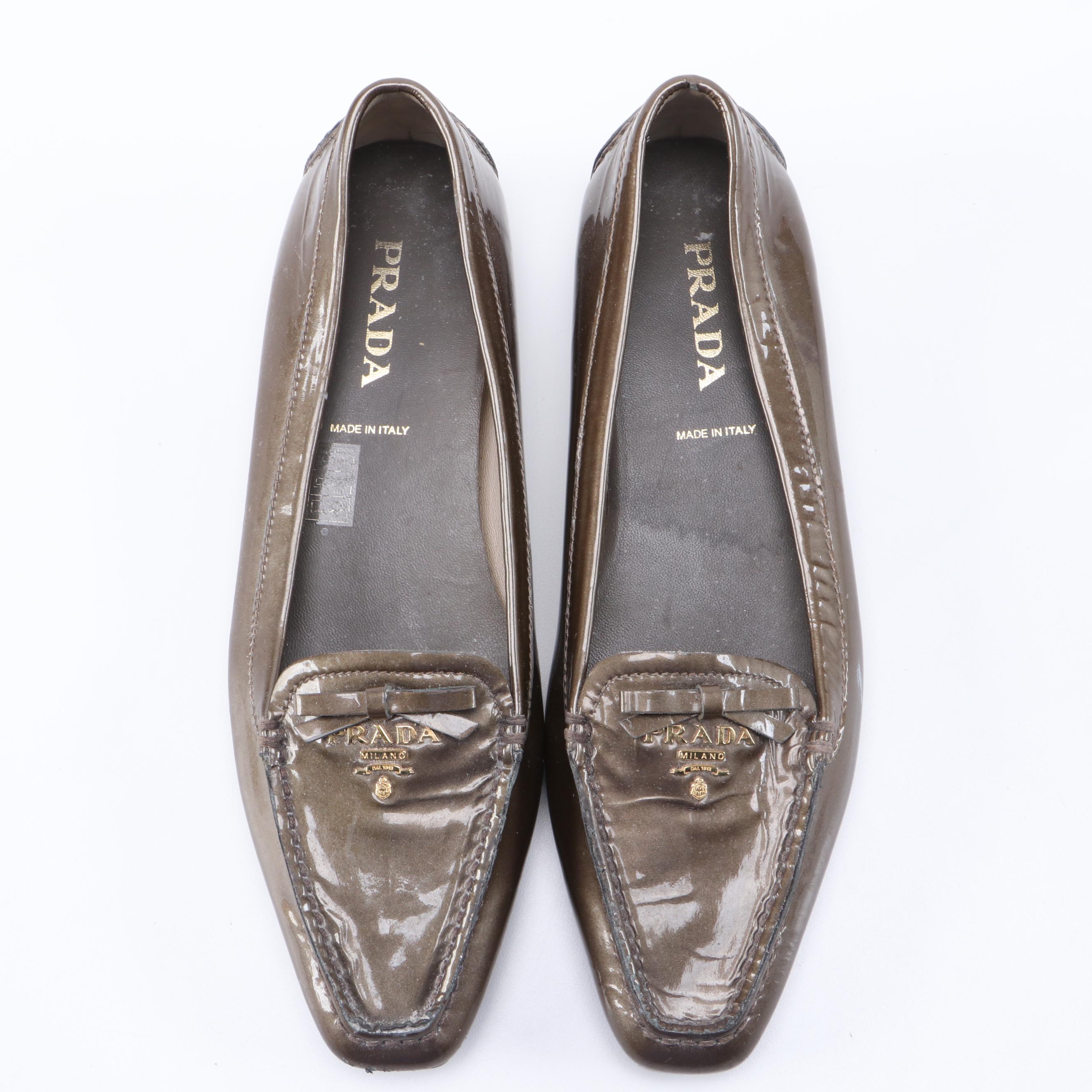 Prada Square Toe Loafers in Mettalic Bronze Patent Leather