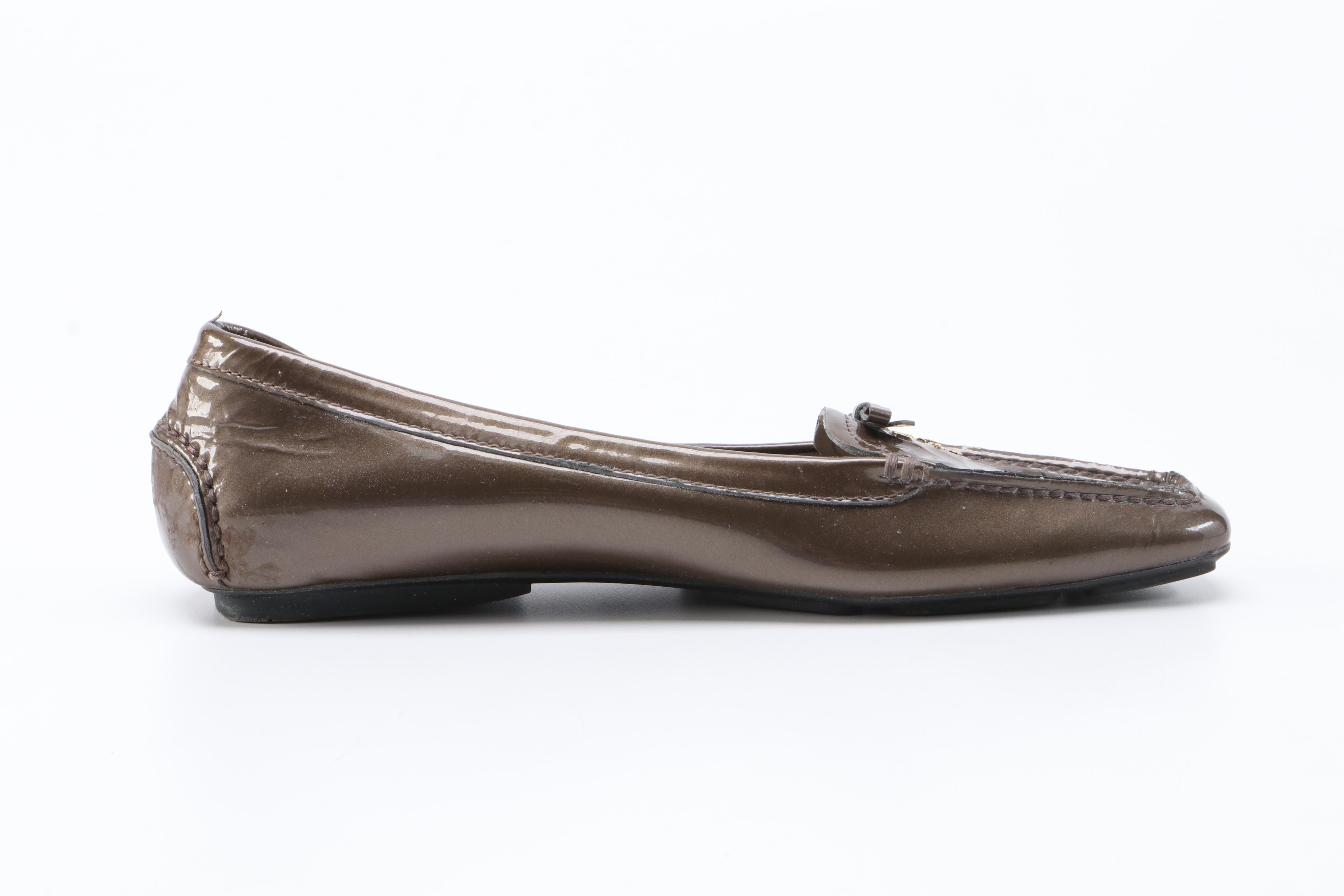 Prada Square Toe Loafers in Mettalic Bronze Patent Leather
