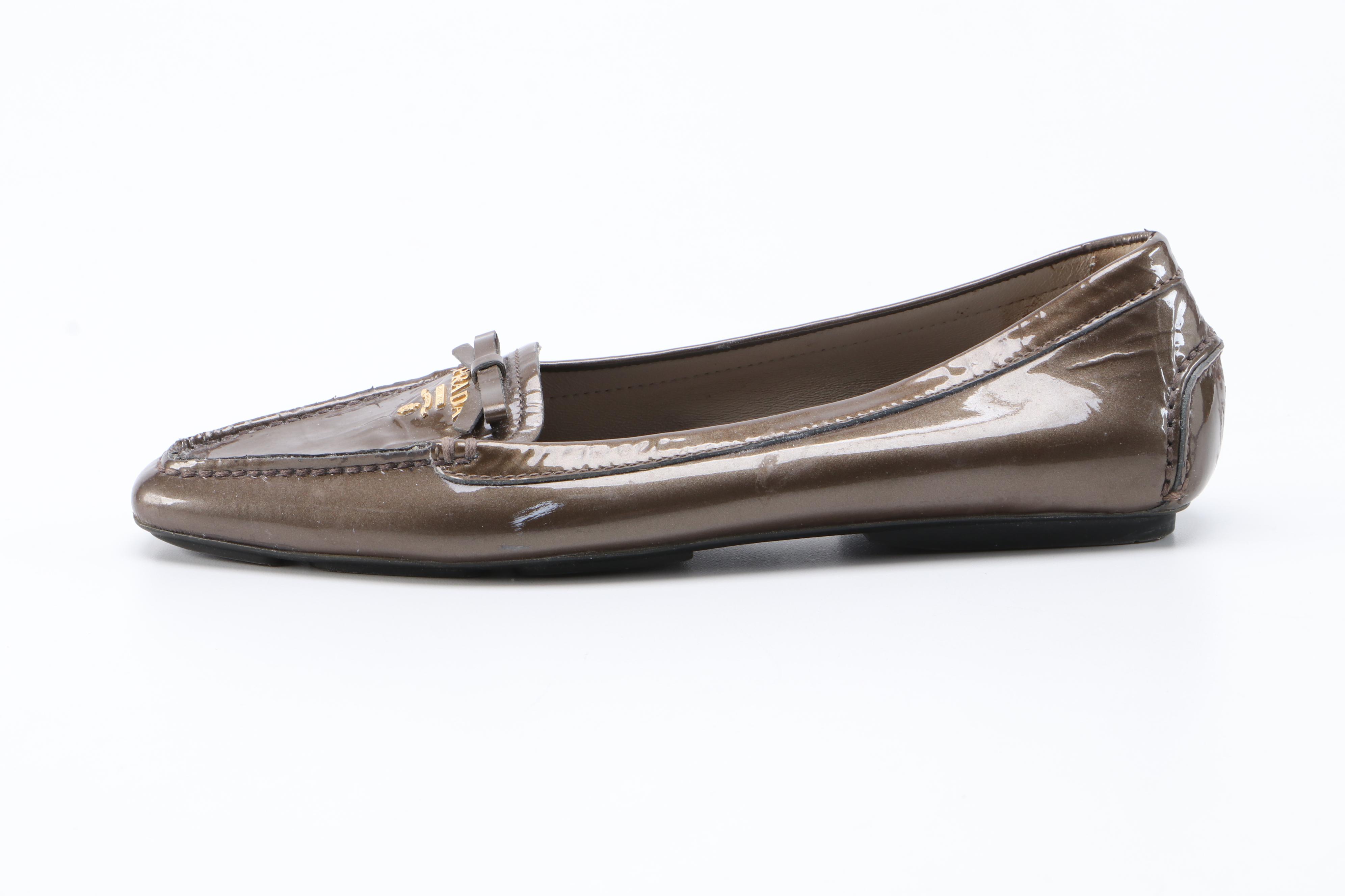 Prada Square Toe Loafers in Mettalic Bronze Patent Leather