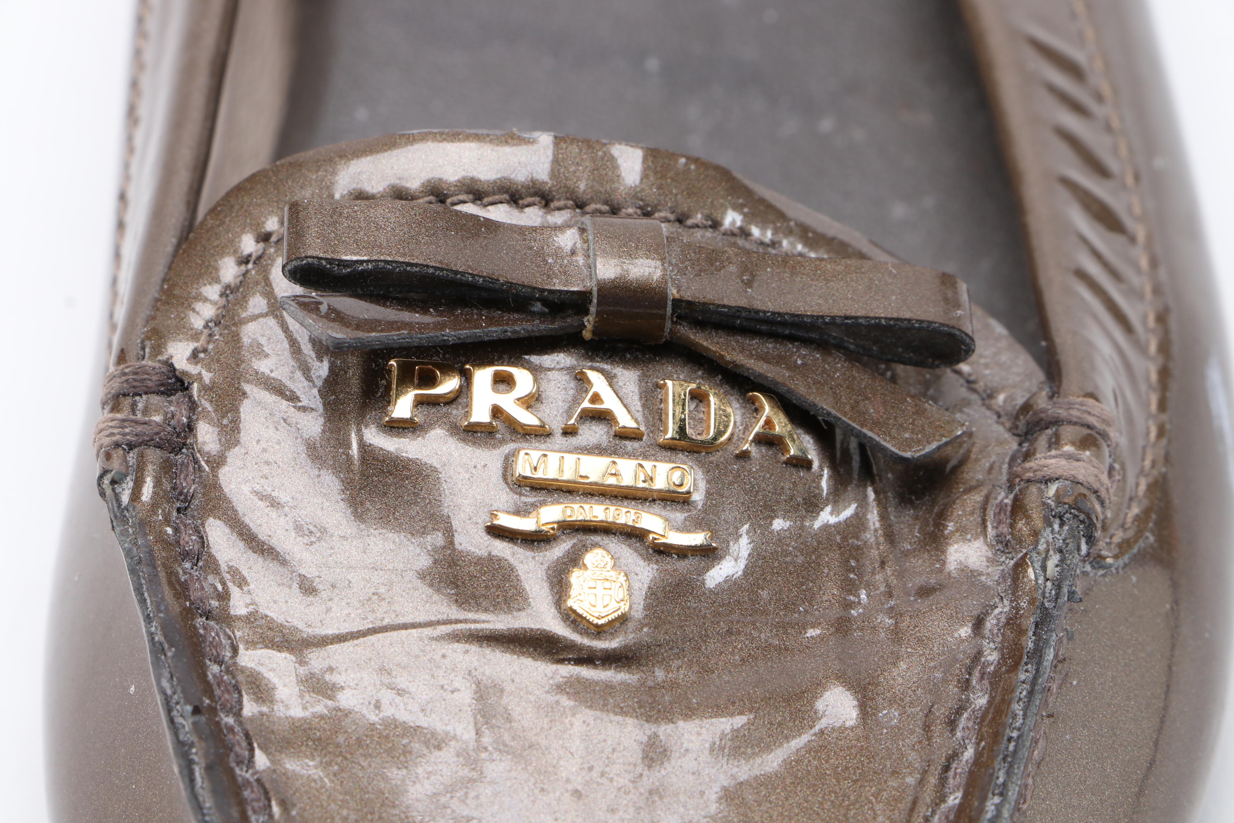Prada Square Toe Loafers in Mettalic Bronze Patent Leather