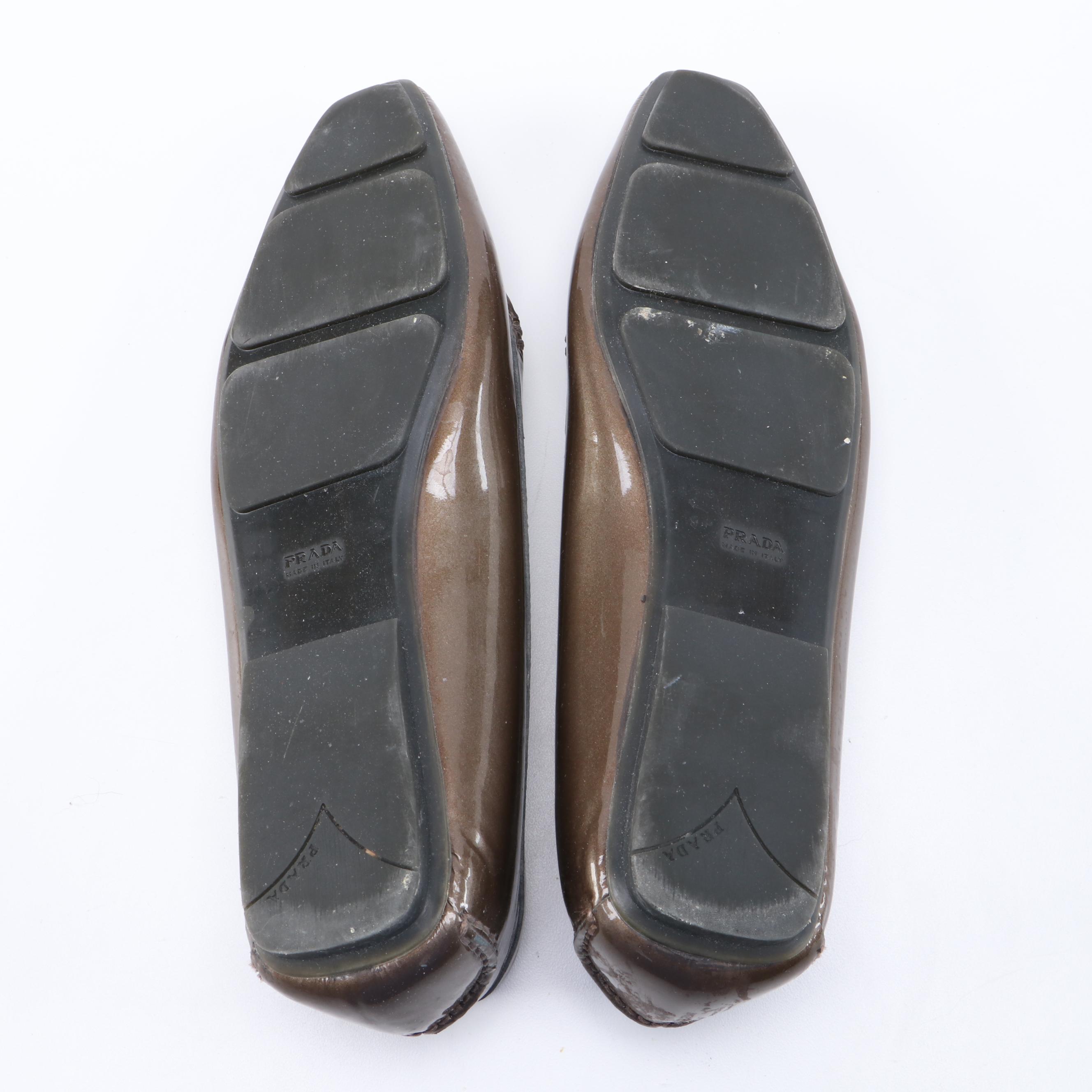 Prada Square Toe Loafers in Mettalic Bronze Patent Leather