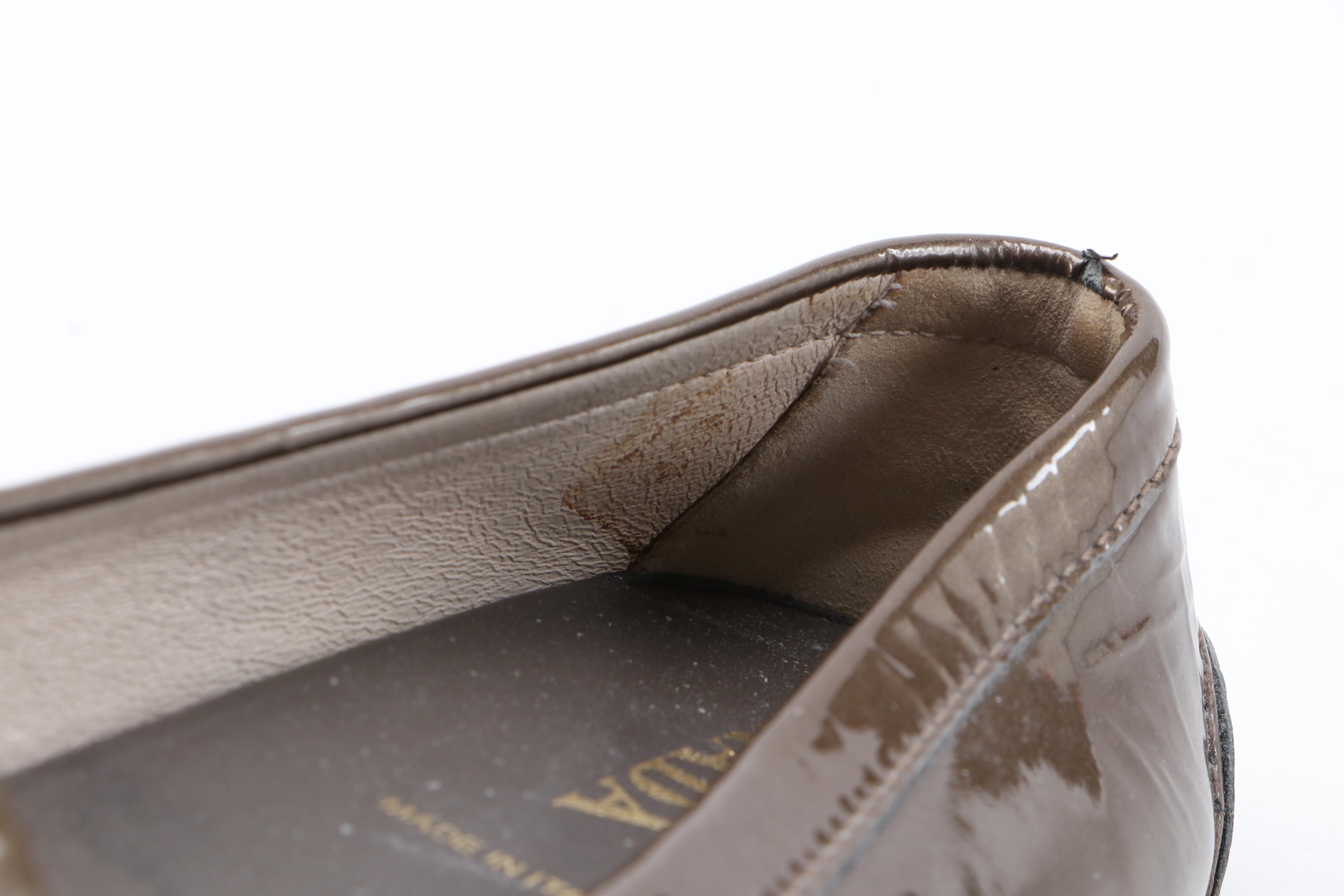 Prada Square Toe Loafers in Mettalic Bronze Patent Leather