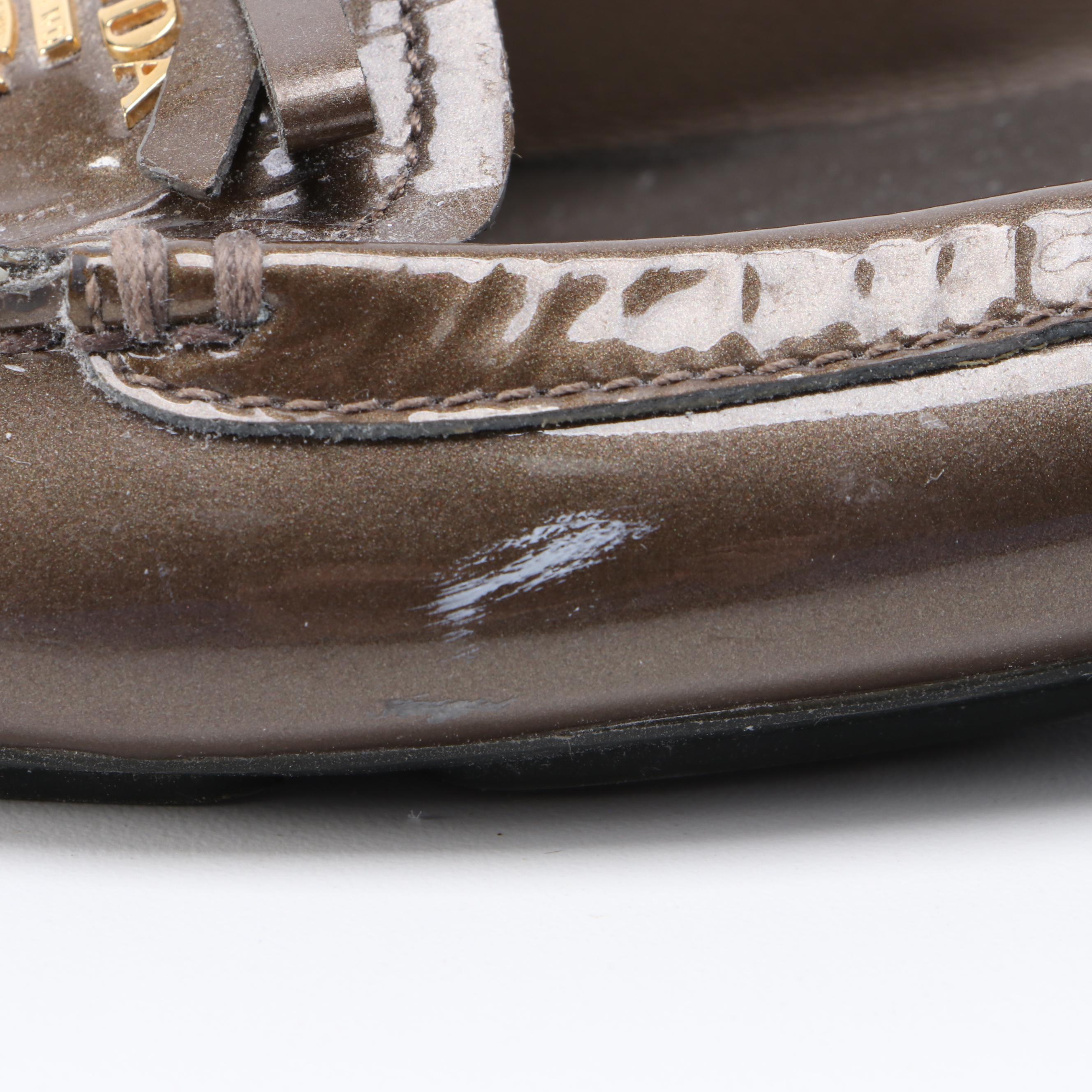 Prada Square Toe Loafers in Mettalic Bronze Patent Leather