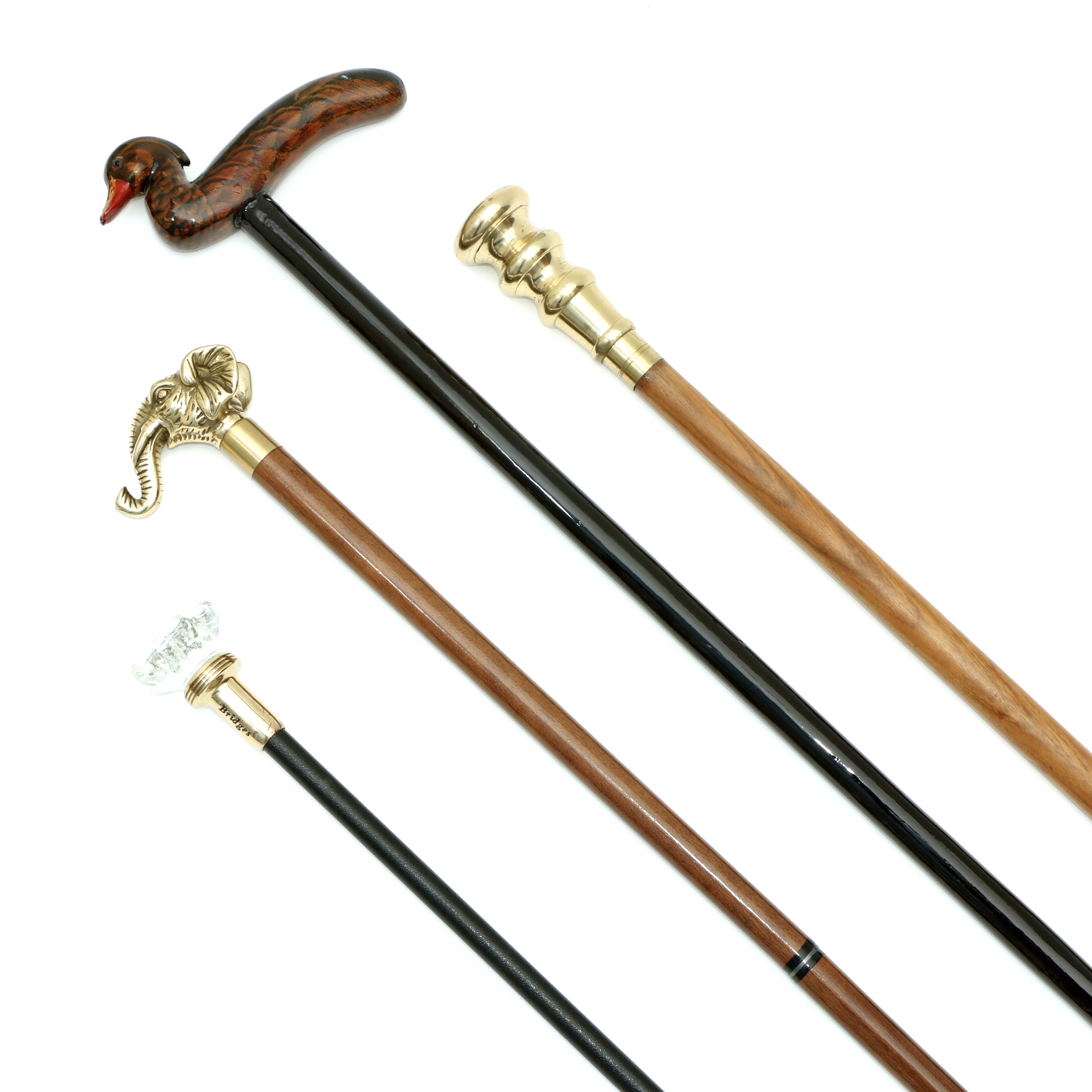 Wood and Brass Figural Walking Canes, with Bridges Glass Door Knob Walking Stick