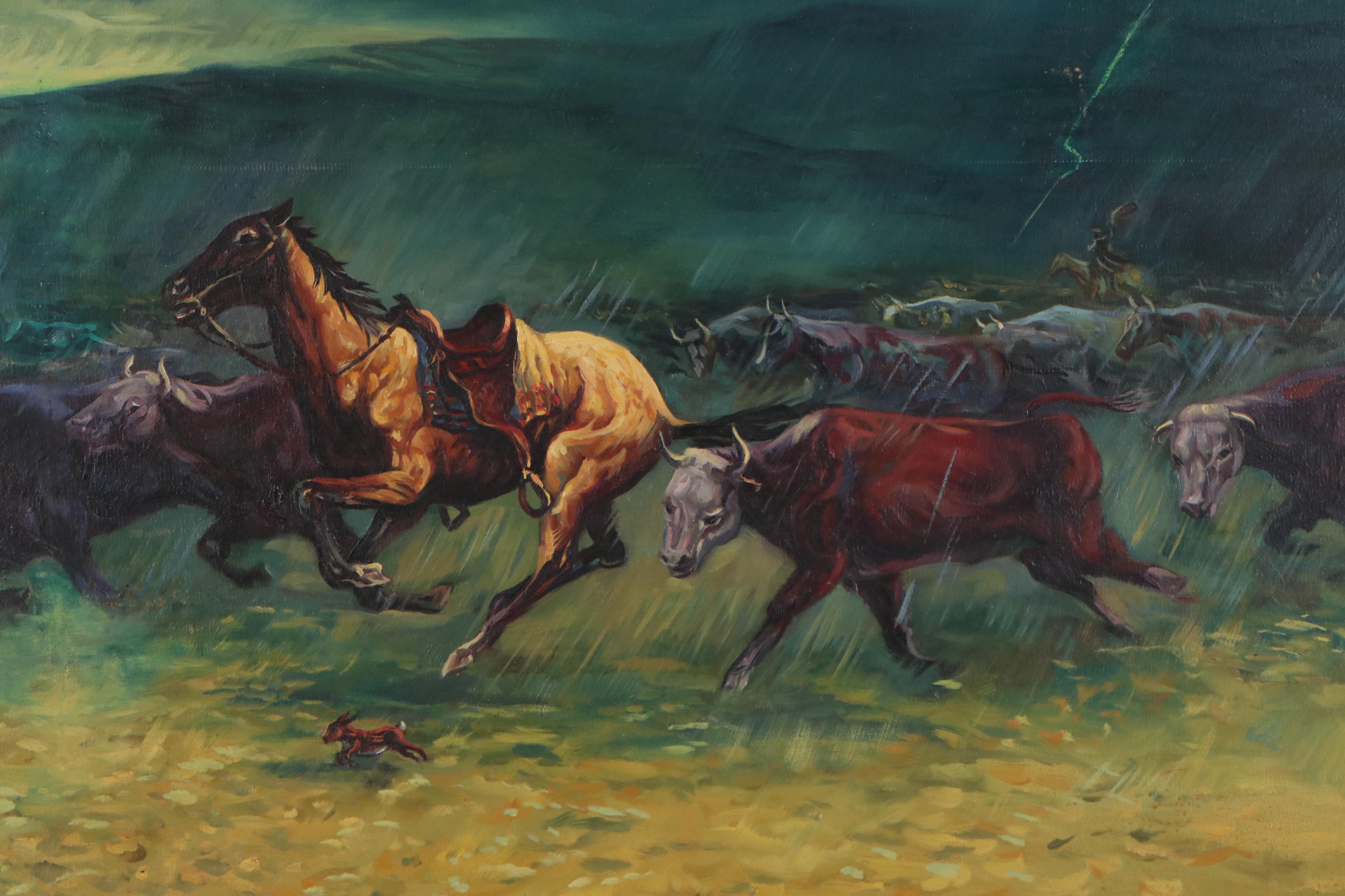 Robert Learned Hand Acrylic Painting of Horses and Cattle, Mid-Late 20th Century