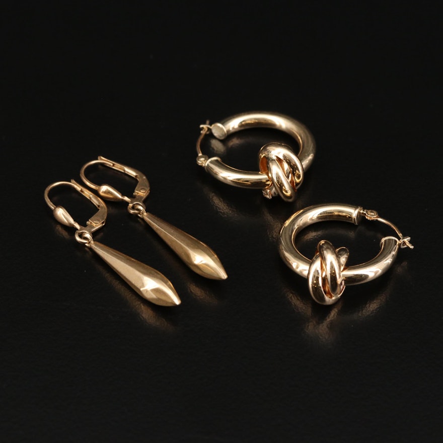 14K Pendulum Drop and Tube Hoop Earrings with Knot Earring Jackets