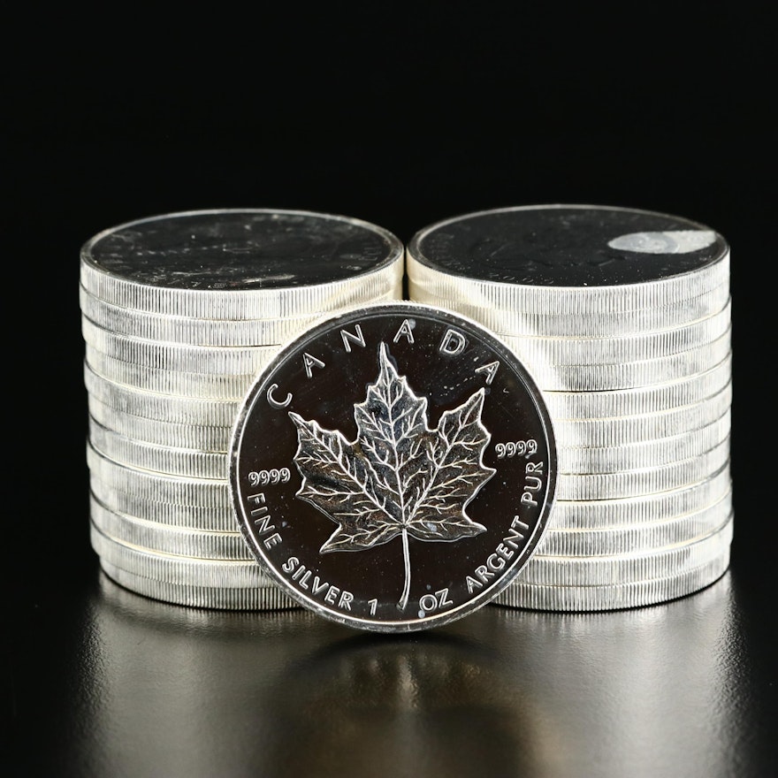 Roll of Twenty-Five 2009 $5 Canadian Maple Leaf Silver Bullion Coins