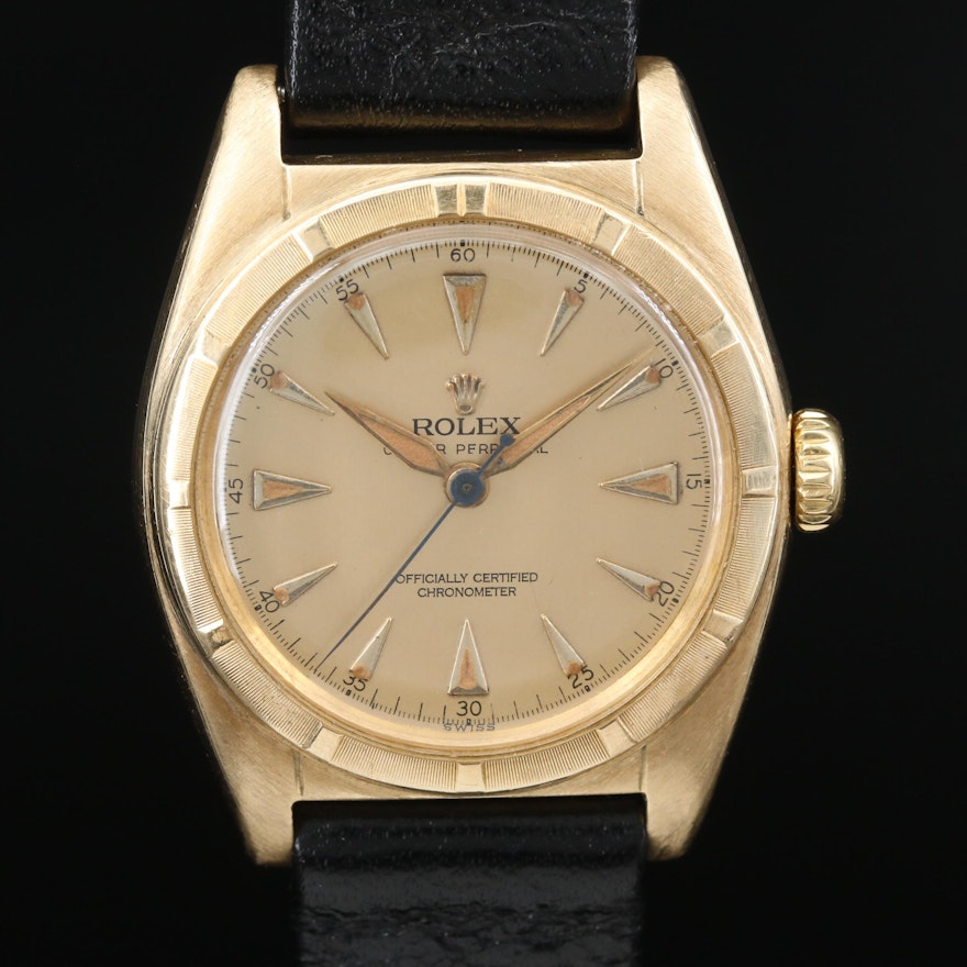 1948 Rolex "Oyster Perpetual" Bubble Back 14K Gold Automatic Wristwatch