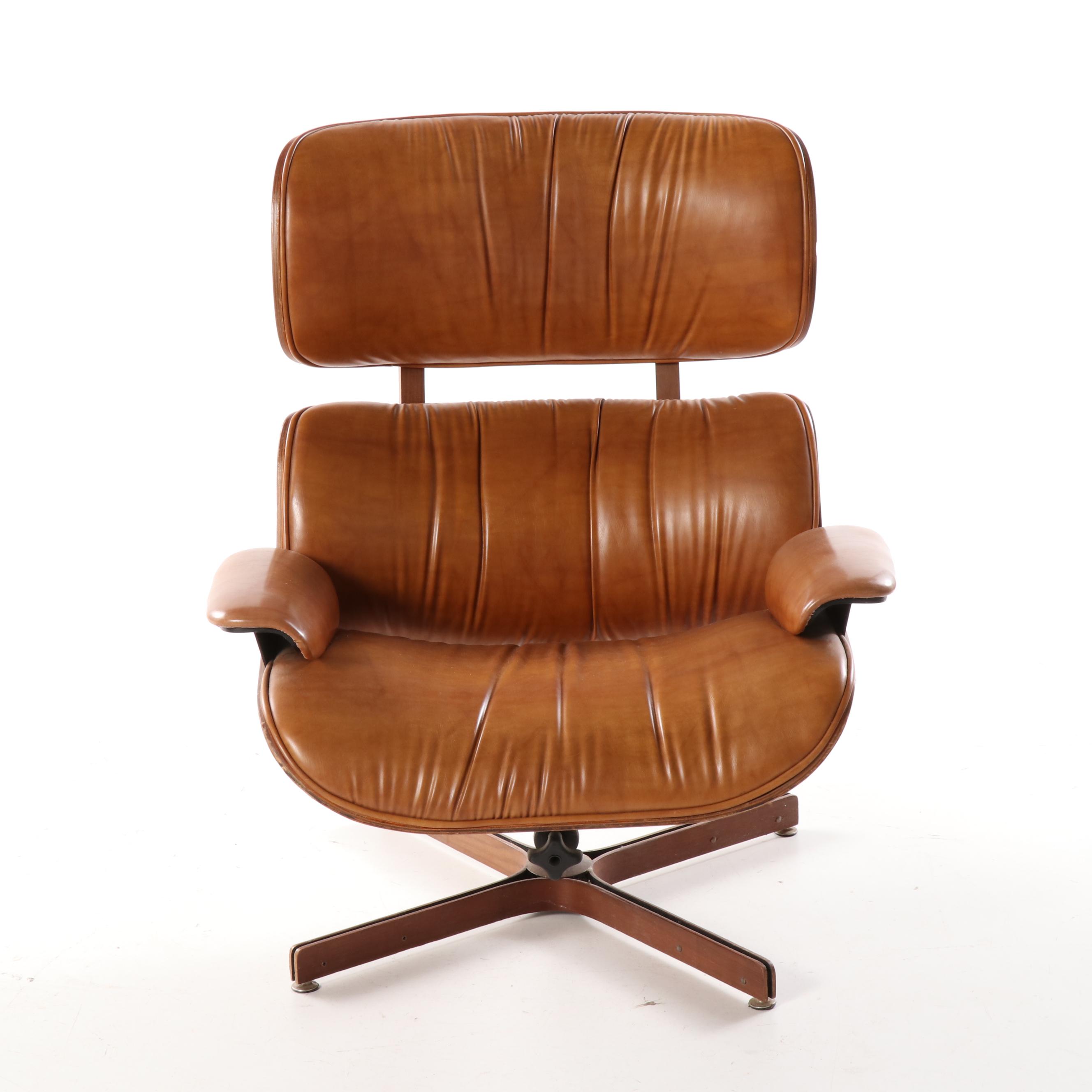 Eames Style Laminated Wood and Cognac Leather Lounge Chair and Ottoman, 20th C.