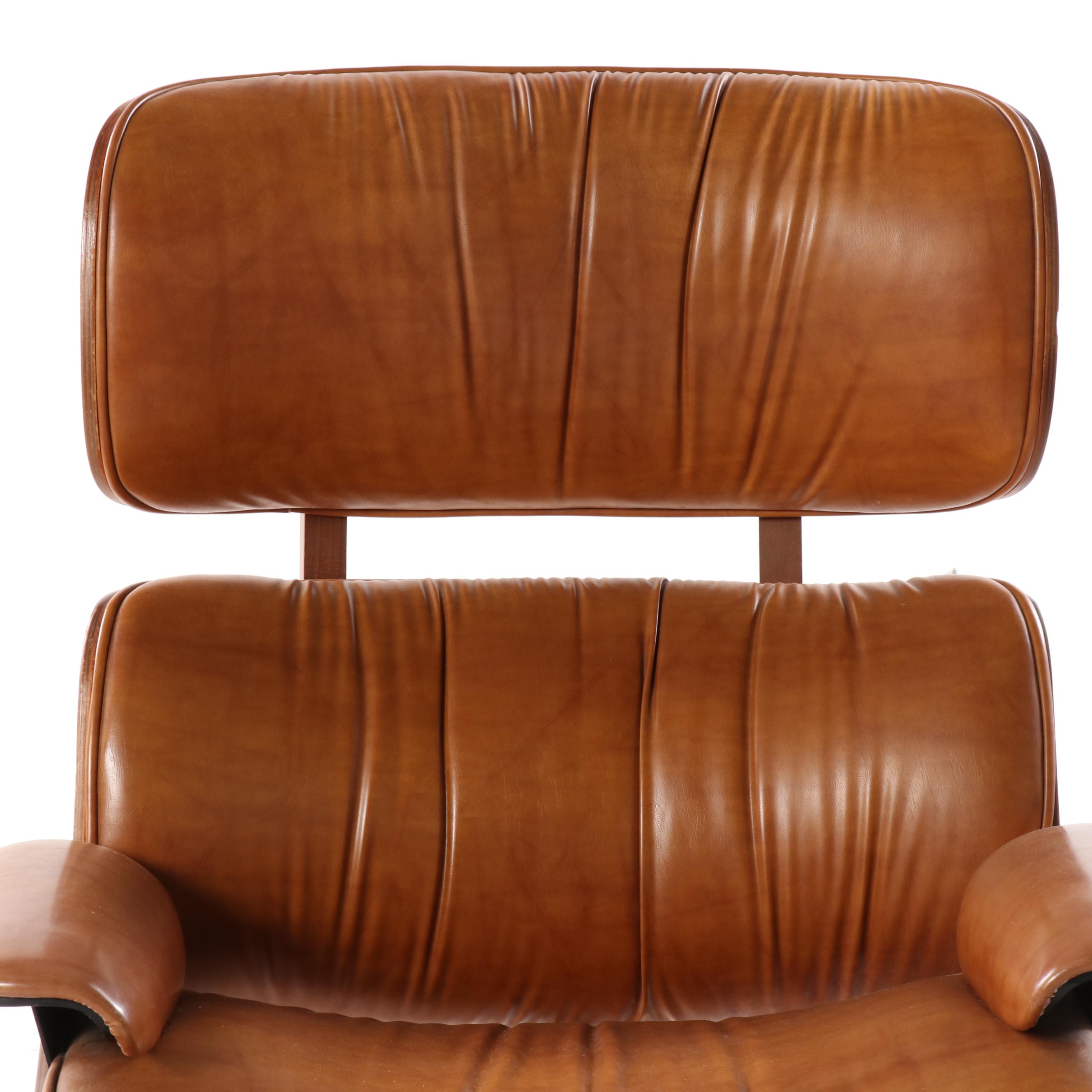 Eames Style Laminated Wood and Cognac Leather Lounge Chair and Ottoman, 20th C.