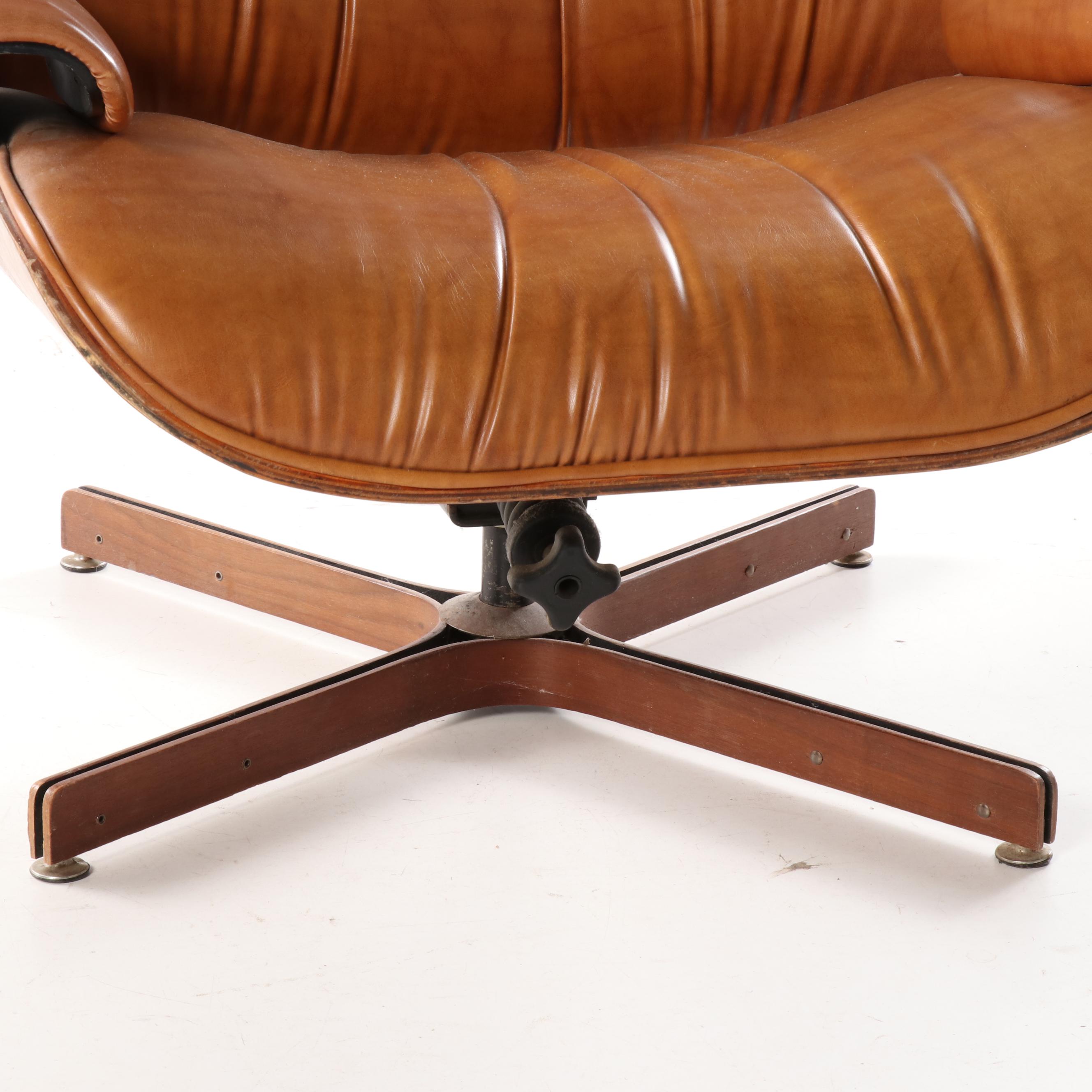 Eames Style Laminated Wood and Cognac Leather Lounge Chair and Ottoman, 20th C.