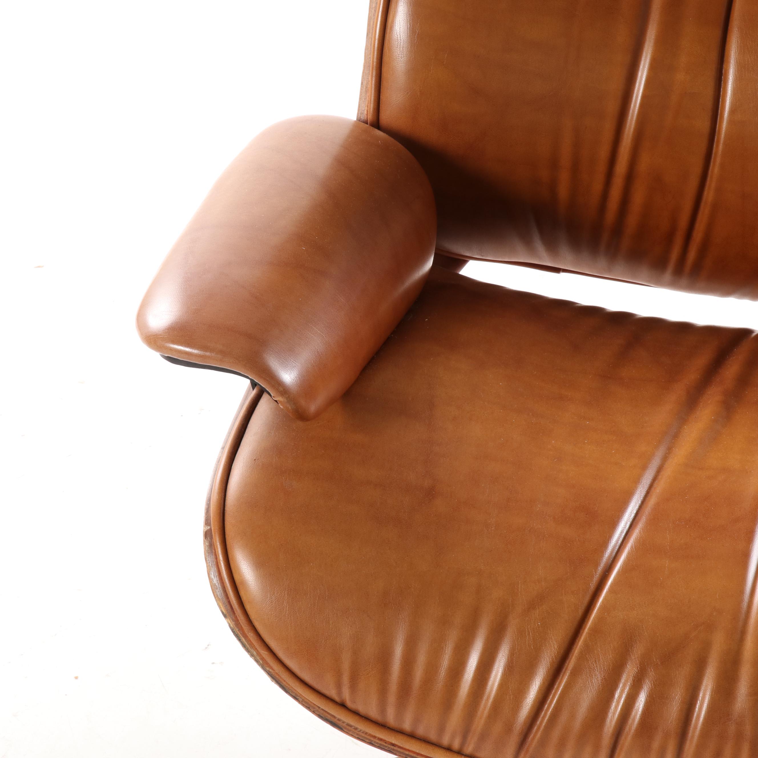 Eames Style Laminated Wood and Cognac Leather Lounge Chair and Ottoman, 20th C.