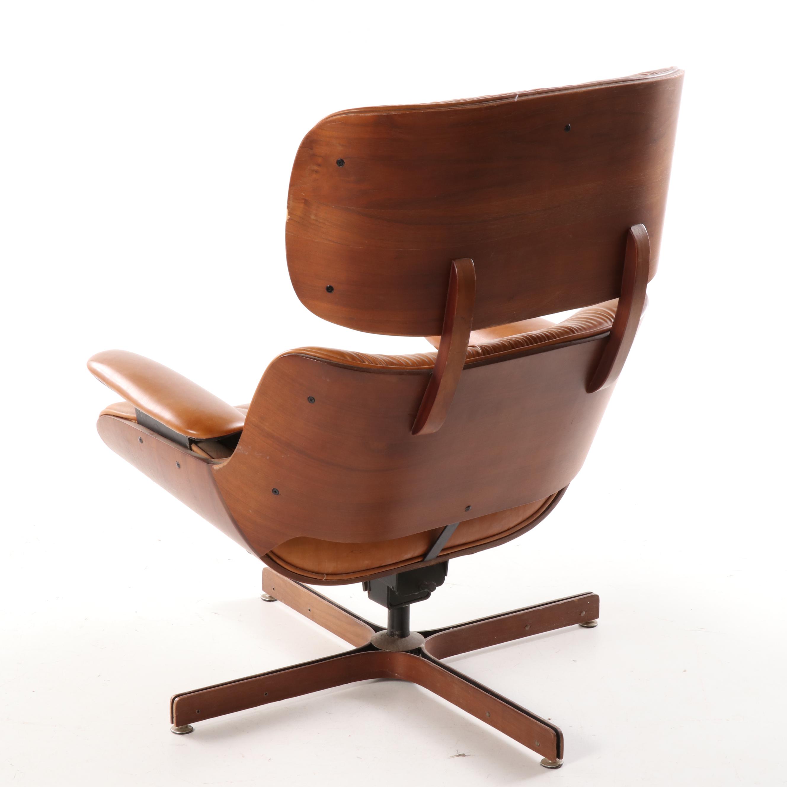 Eames Style Laminated Wood and Cognac Leather Lounge Chair and Ottoman, 20th C.