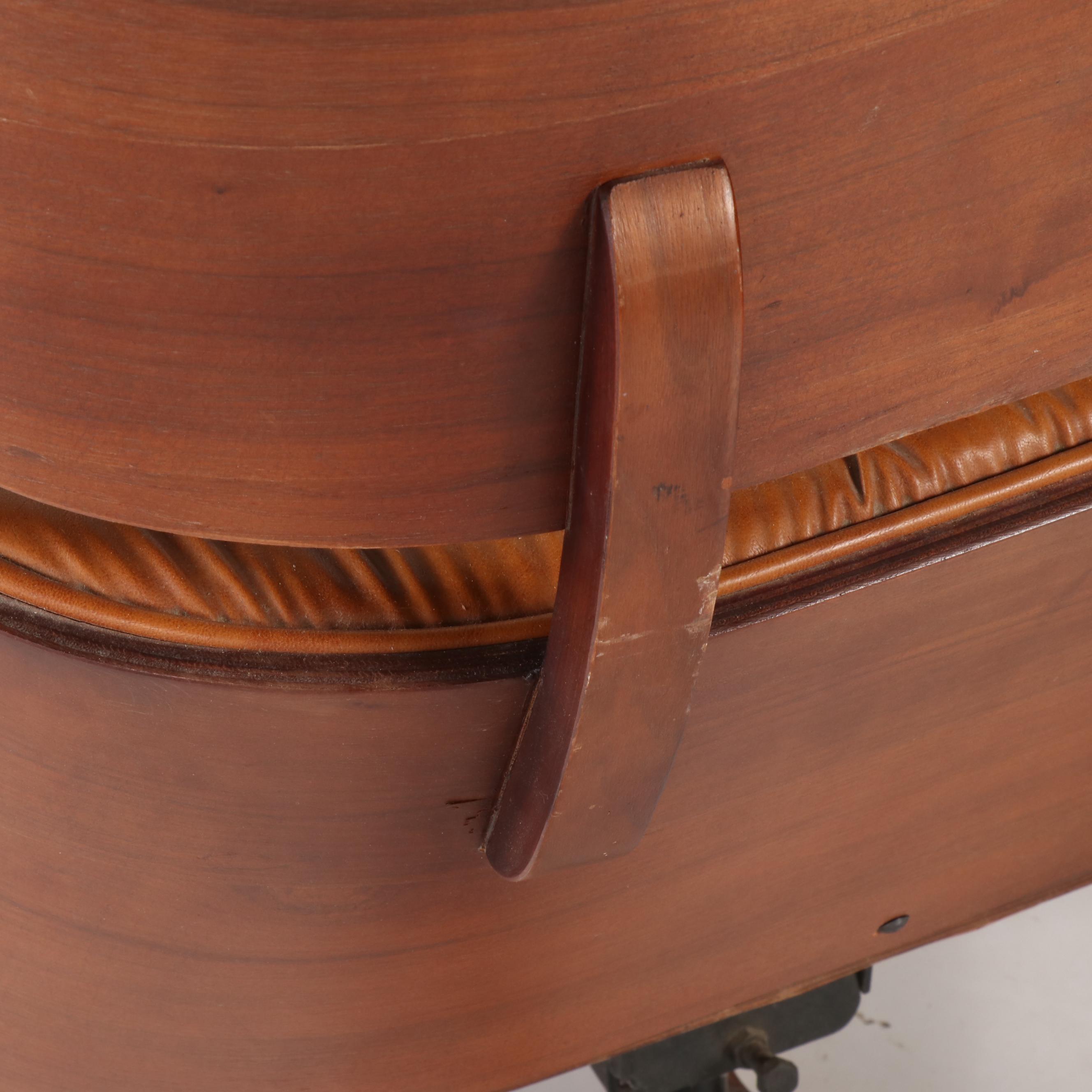 Eames Style Laminated Wood and Cognac Leather Lounge Chair and Ottoman, 20th C.