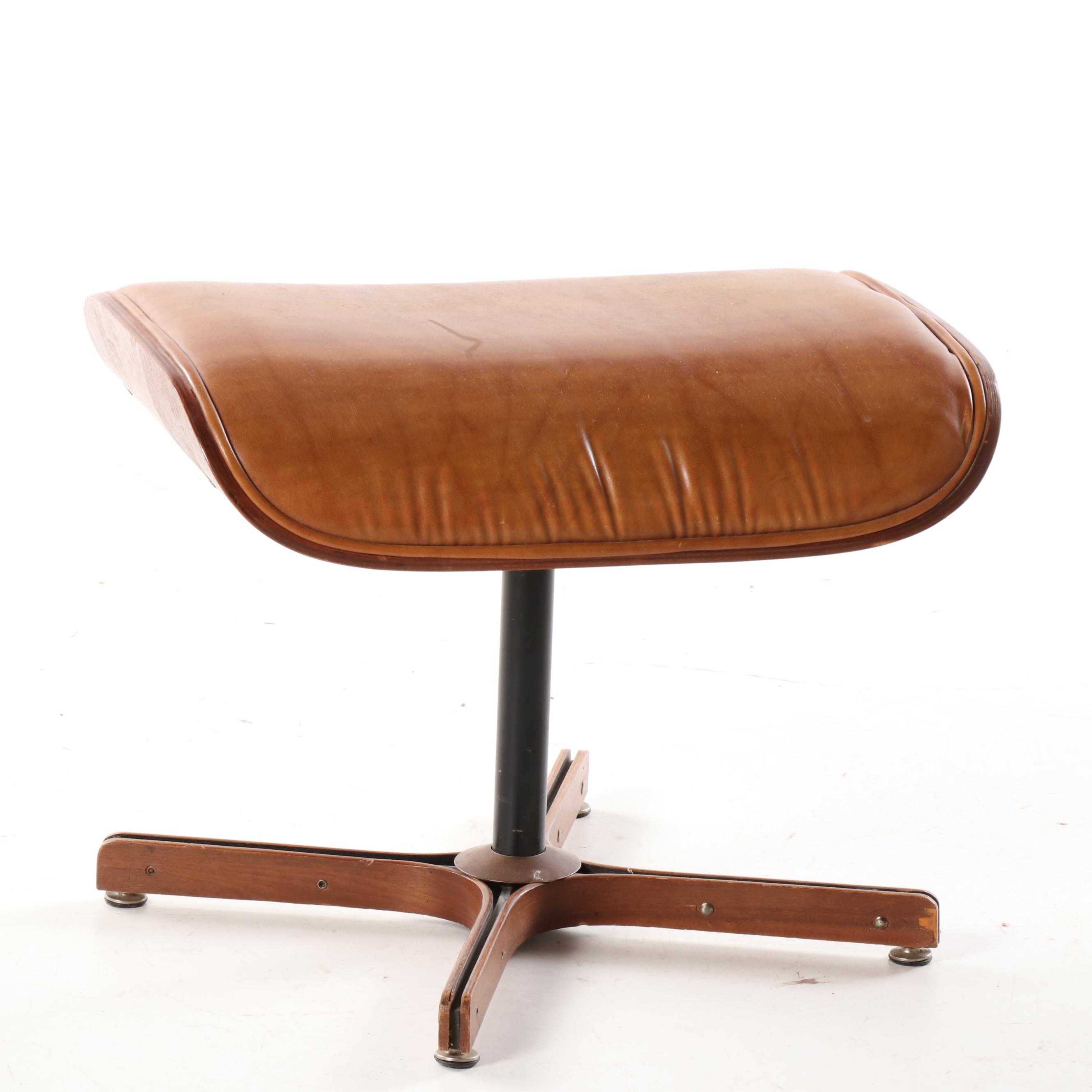 Eames Style Laminated Wood and Cognac Leather Lounge Chair and Ottoman, 20th C.