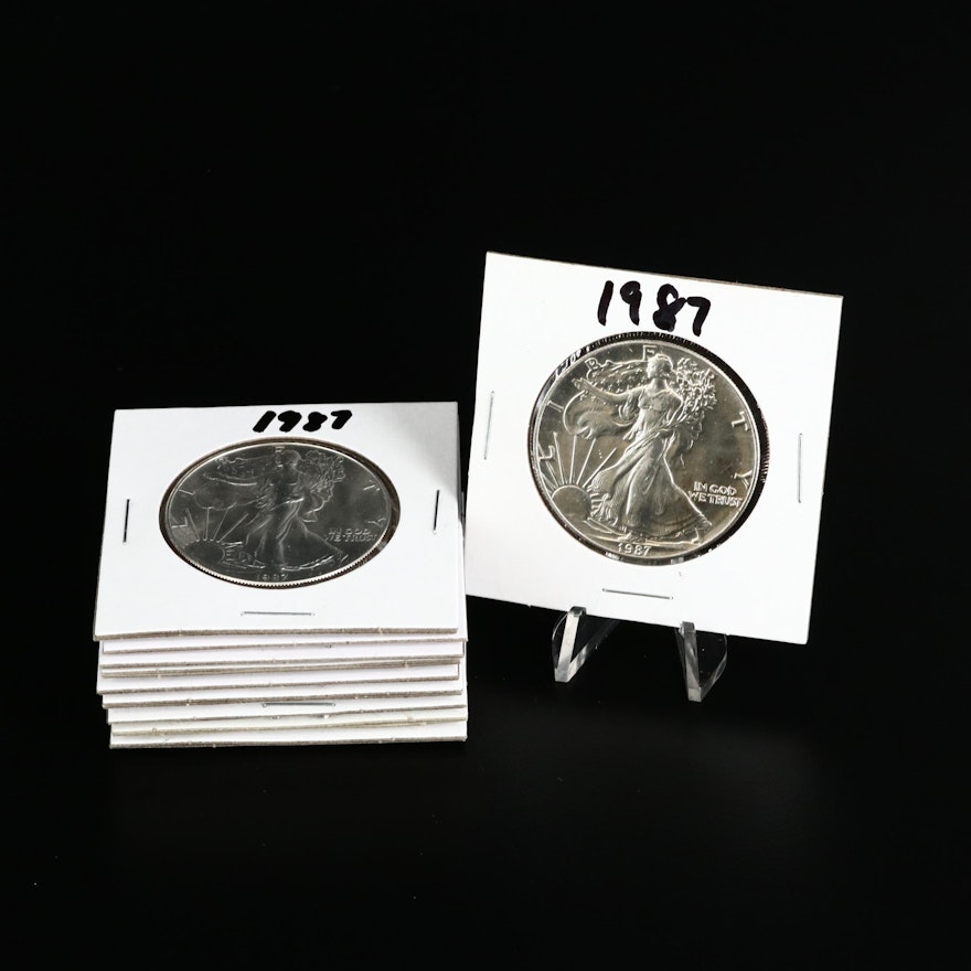 Ten 1987 American Silver Eagle Dollar Bullion Coins