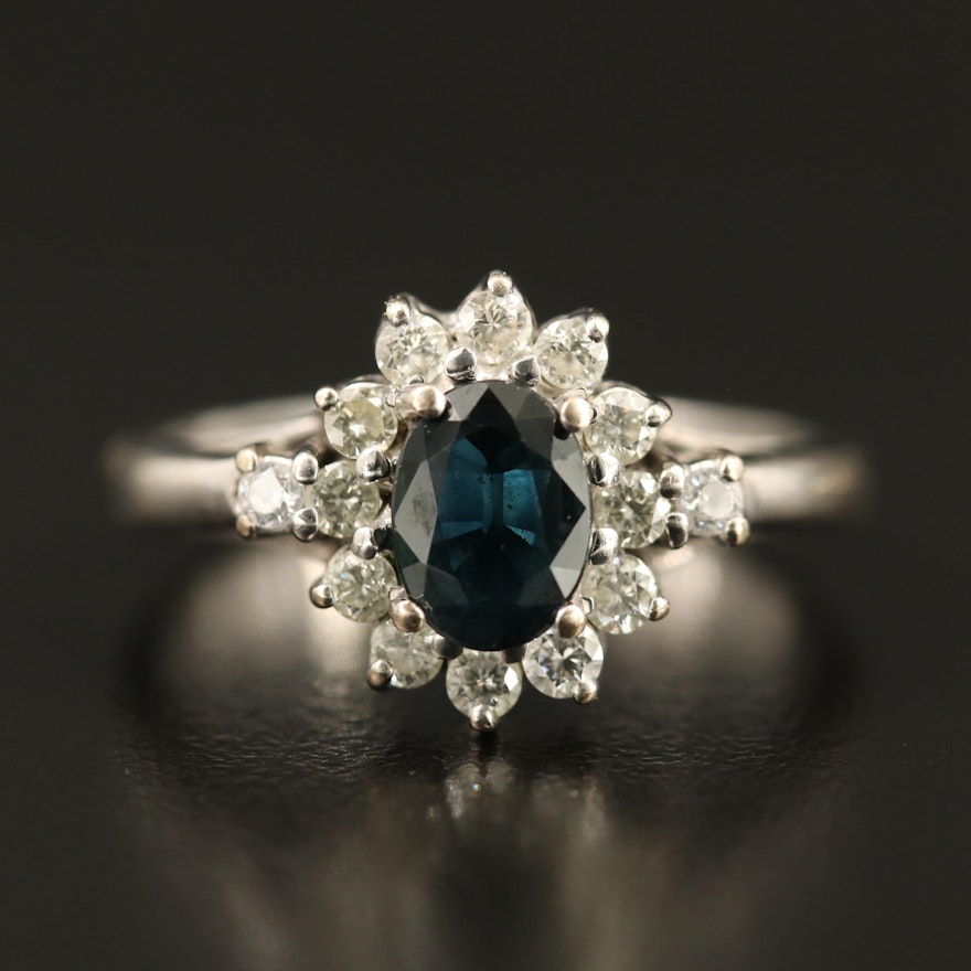 14K 1.10 CT Sapphire, Diamond and Cubic Zirconia Halo Ring