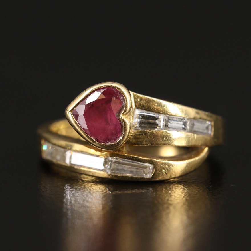 18K Heart Faceted Ruby and Diamond Bypass Ring