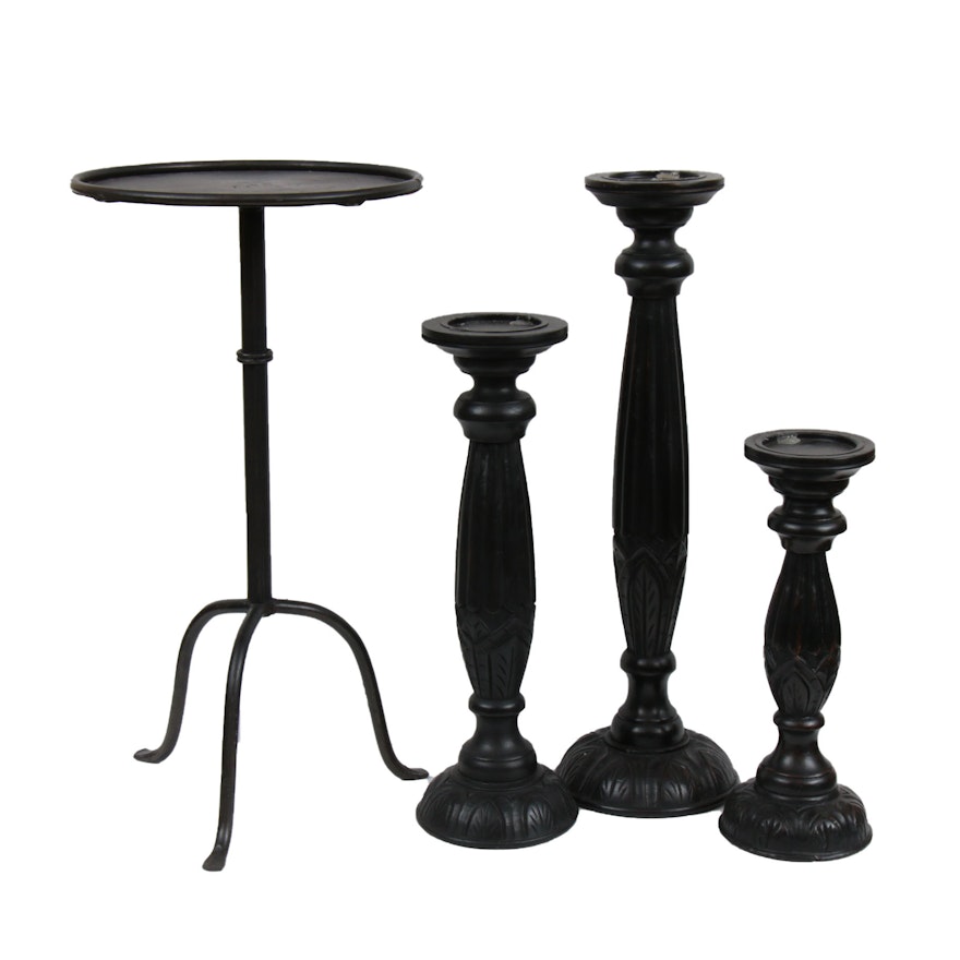 Ebonized Wood Candle Stands with Metal Tripod Accent Table