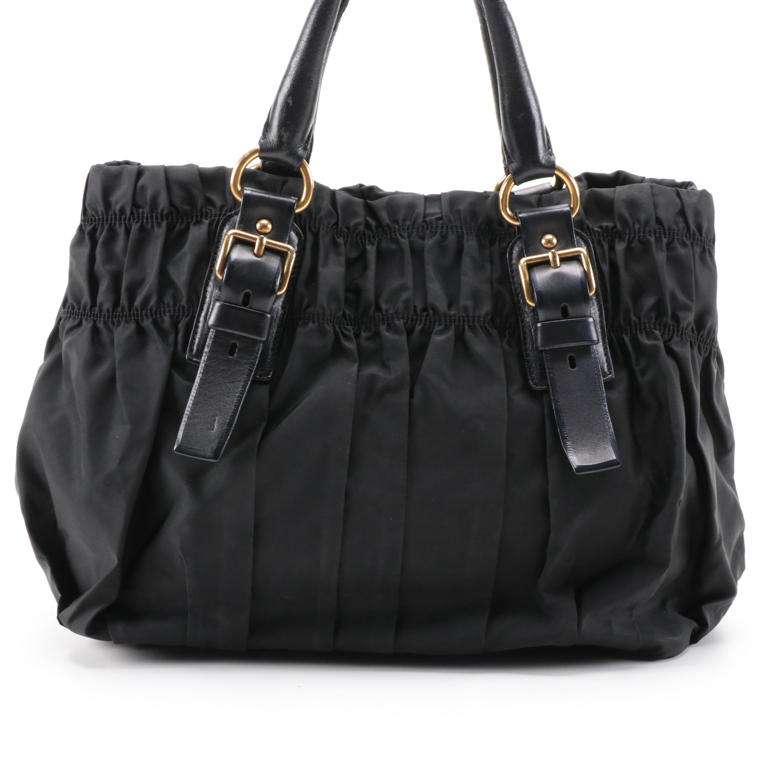 Prada Gathered Nylon Tote Handbag in Black with Leather Trim