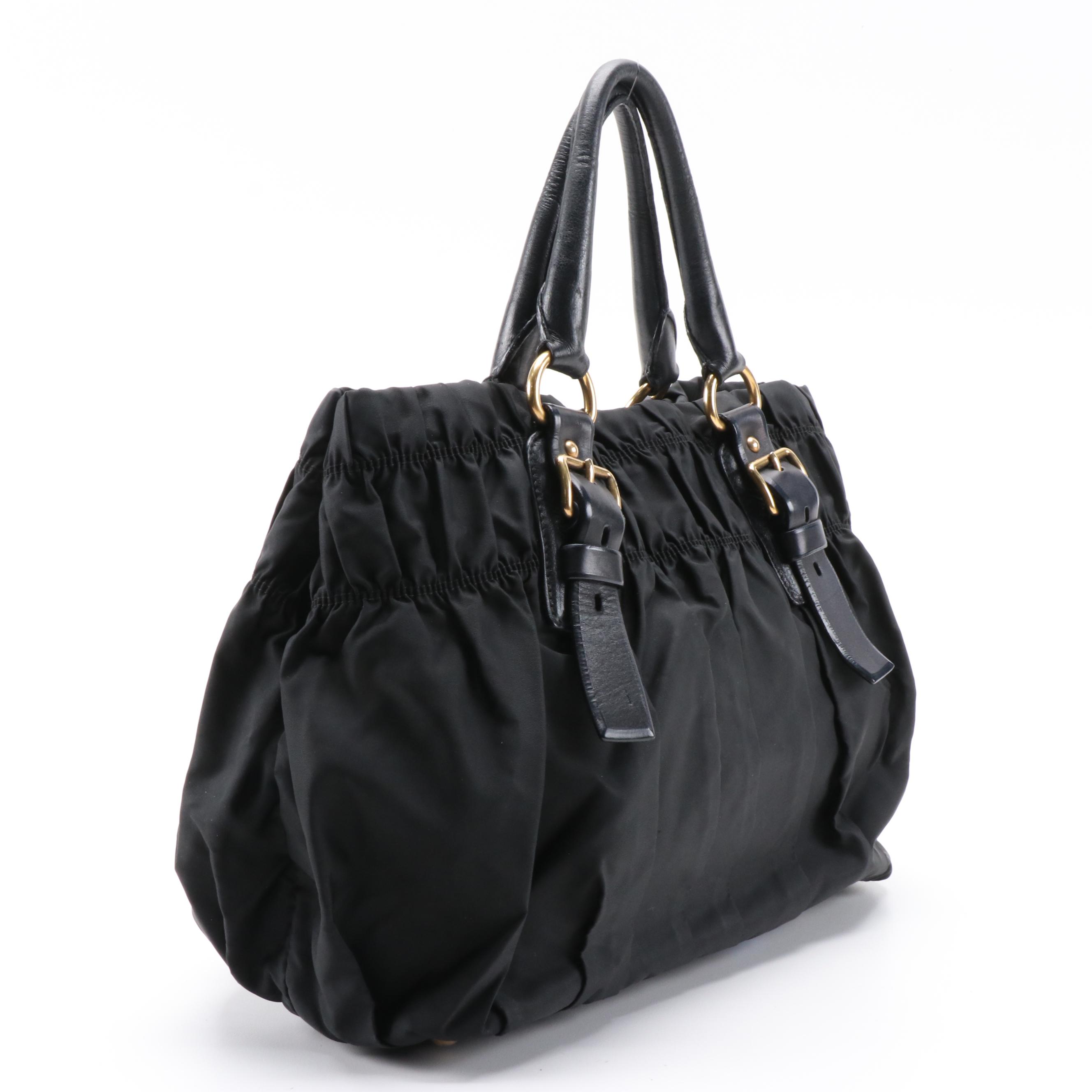 Prada Gathered Nylon Tote Handbag in Black with Leather Trim