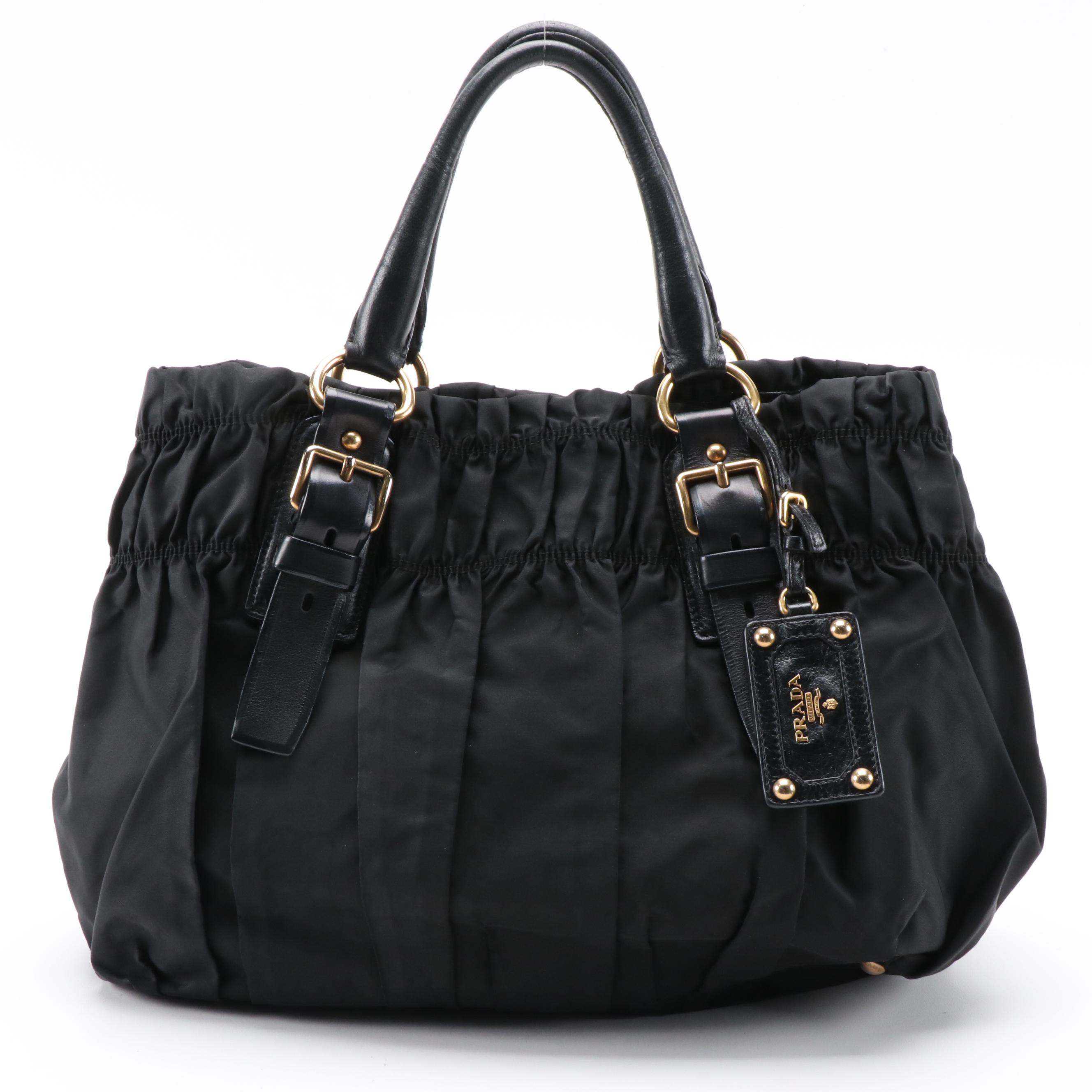 Prada Gathered Nylon Tote Handbag in Black with Leather Trim