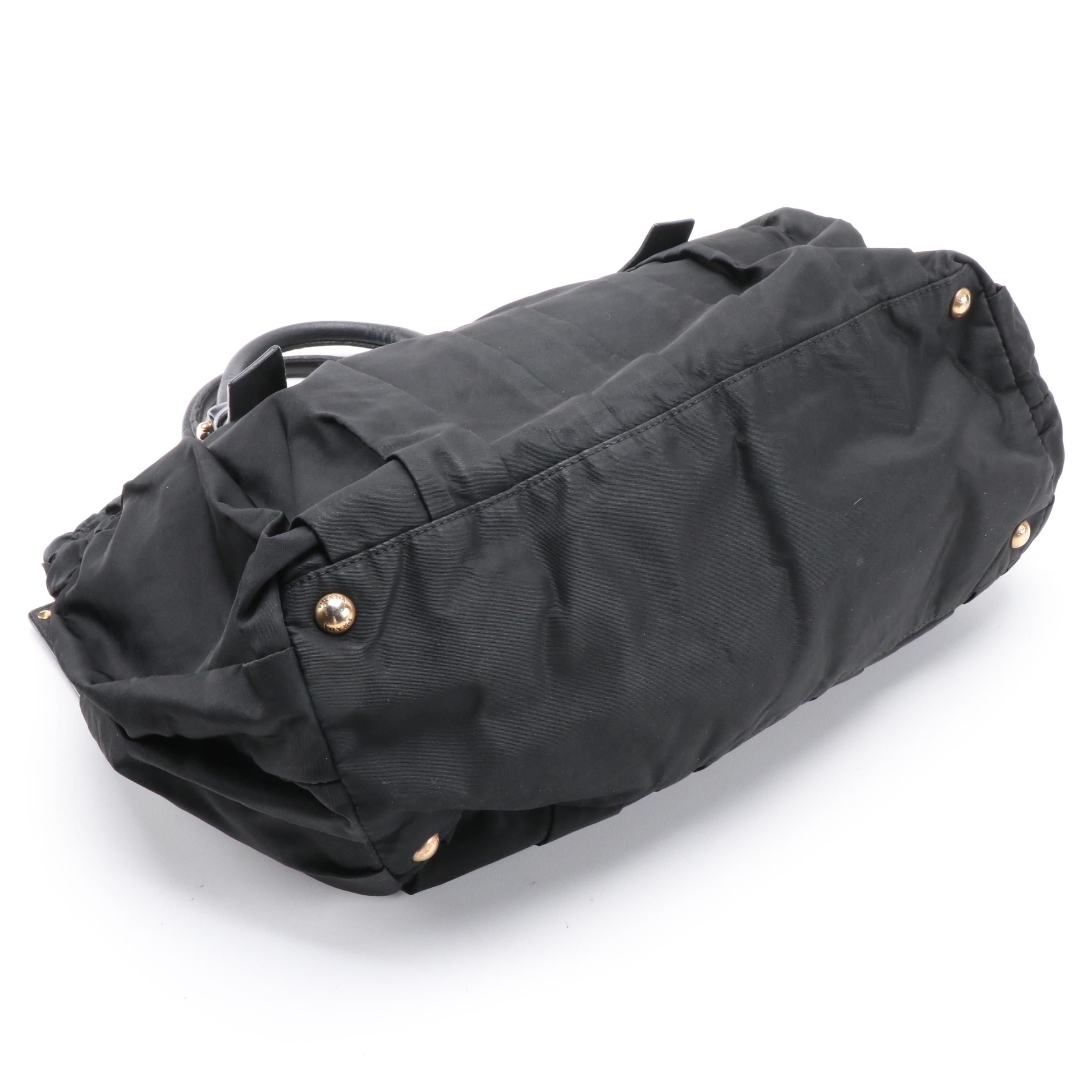 Prada Gathered Nylon Tote Handbag in Black with Leather Trim